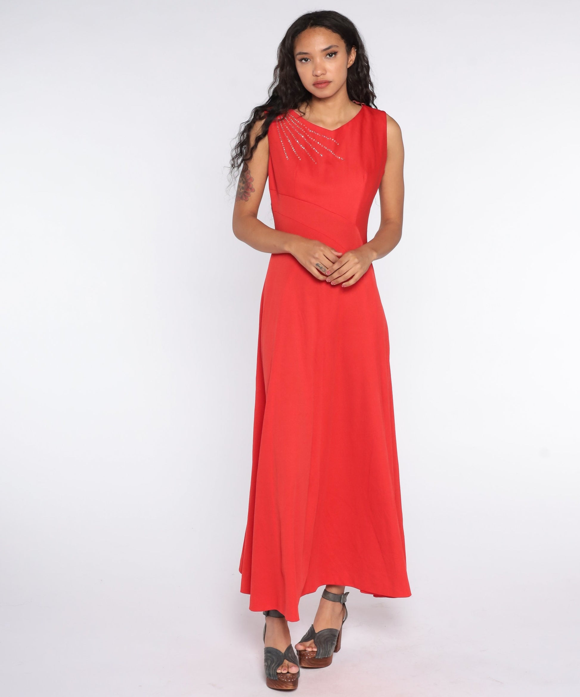 70s Red Rhinestone Maxi Dress Grecian Sleeveless Party Gown Large L