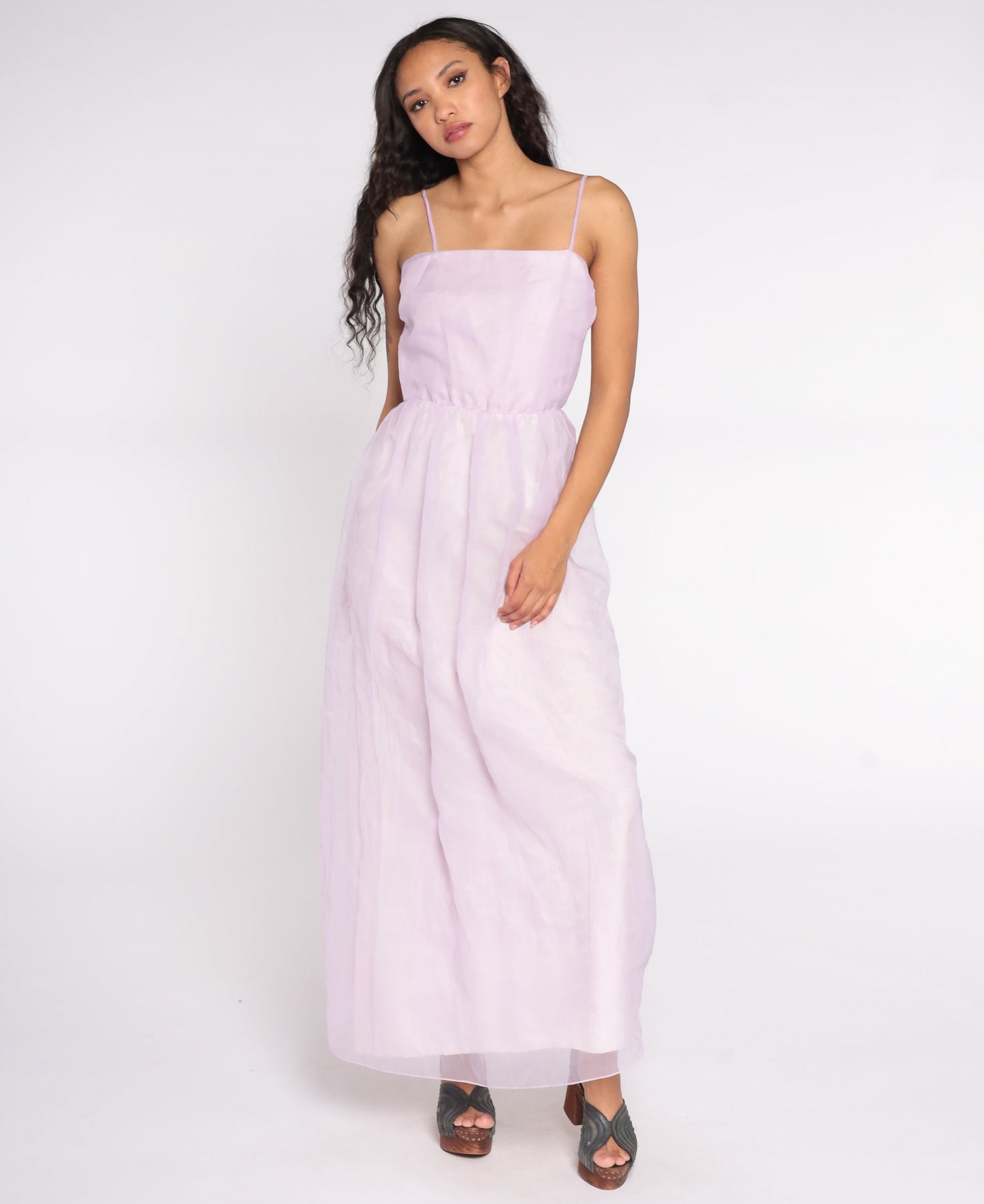 70s Lavender Chiffon Maxi Dress Spaghetti Strap Sleeveless Extra Small XS