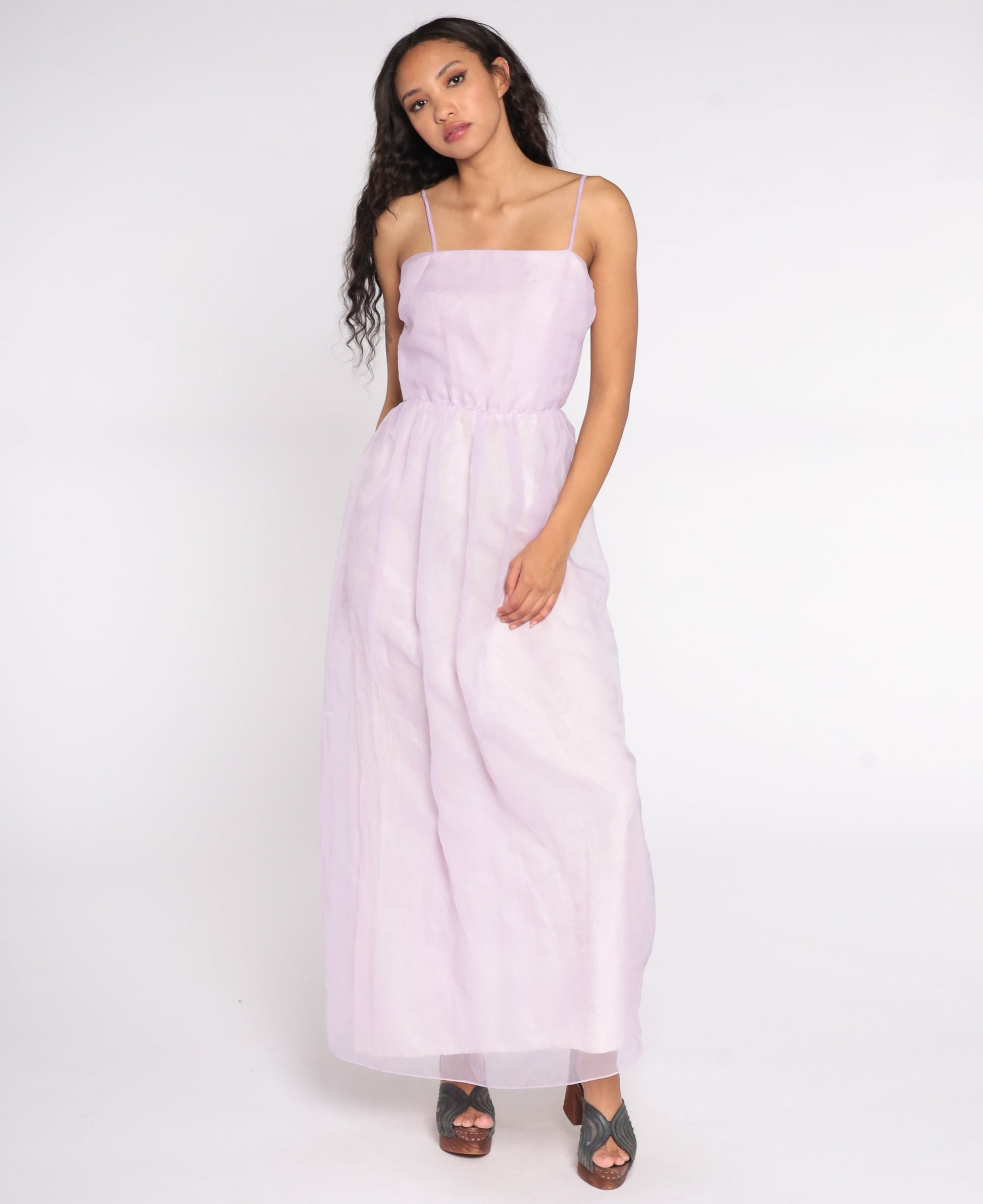 70s Lavender Chiffon Maxi Dress Spaghetti Strap Sleeveless Extra Small XS