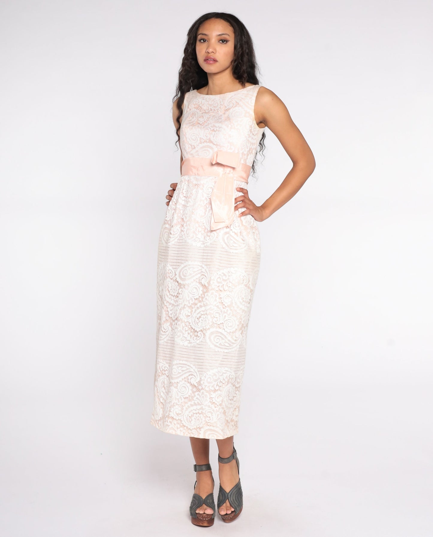 60s White Lace Maxi Dress Empire Waist Pink Bow Sleeveless Extra Small