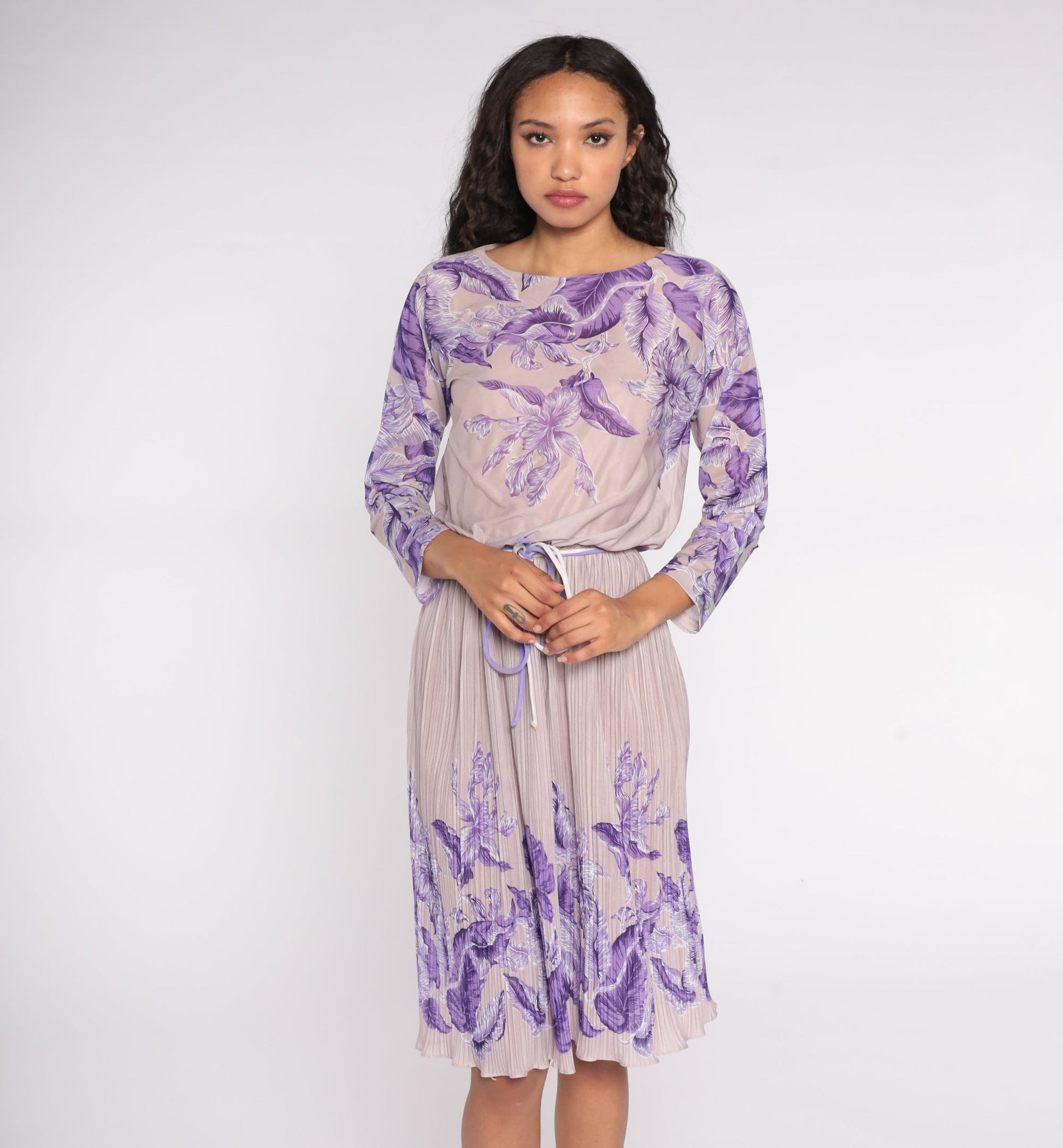 70s Lavender Floral Midi Dress High Waist Pleated Long Sleeve Small Medium