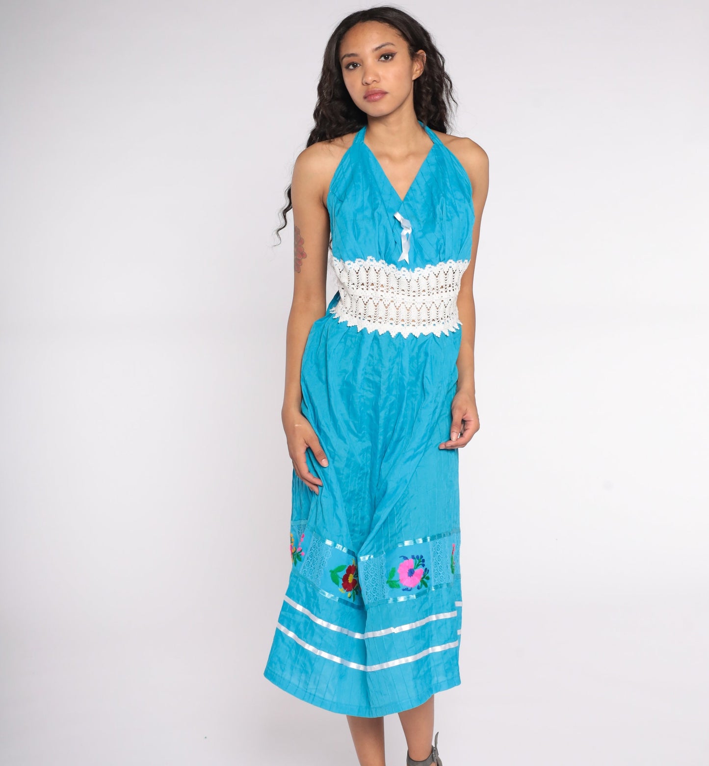 Vintage Embroidered Mexican Halter Midi Dress Blue Crochet Waist Large