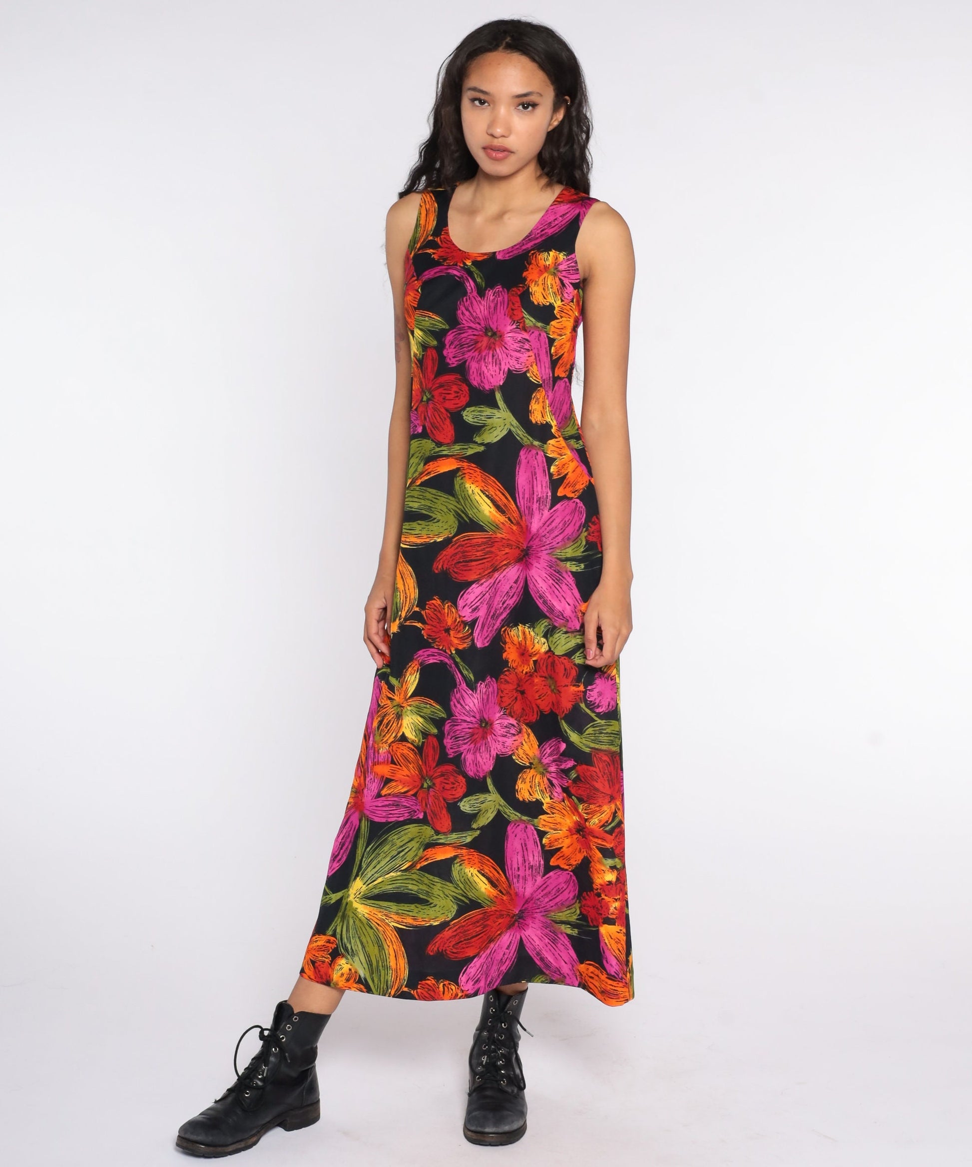 90s Floral Maxi Sundress Sleeveless Shift Black Red Pink Small Medium