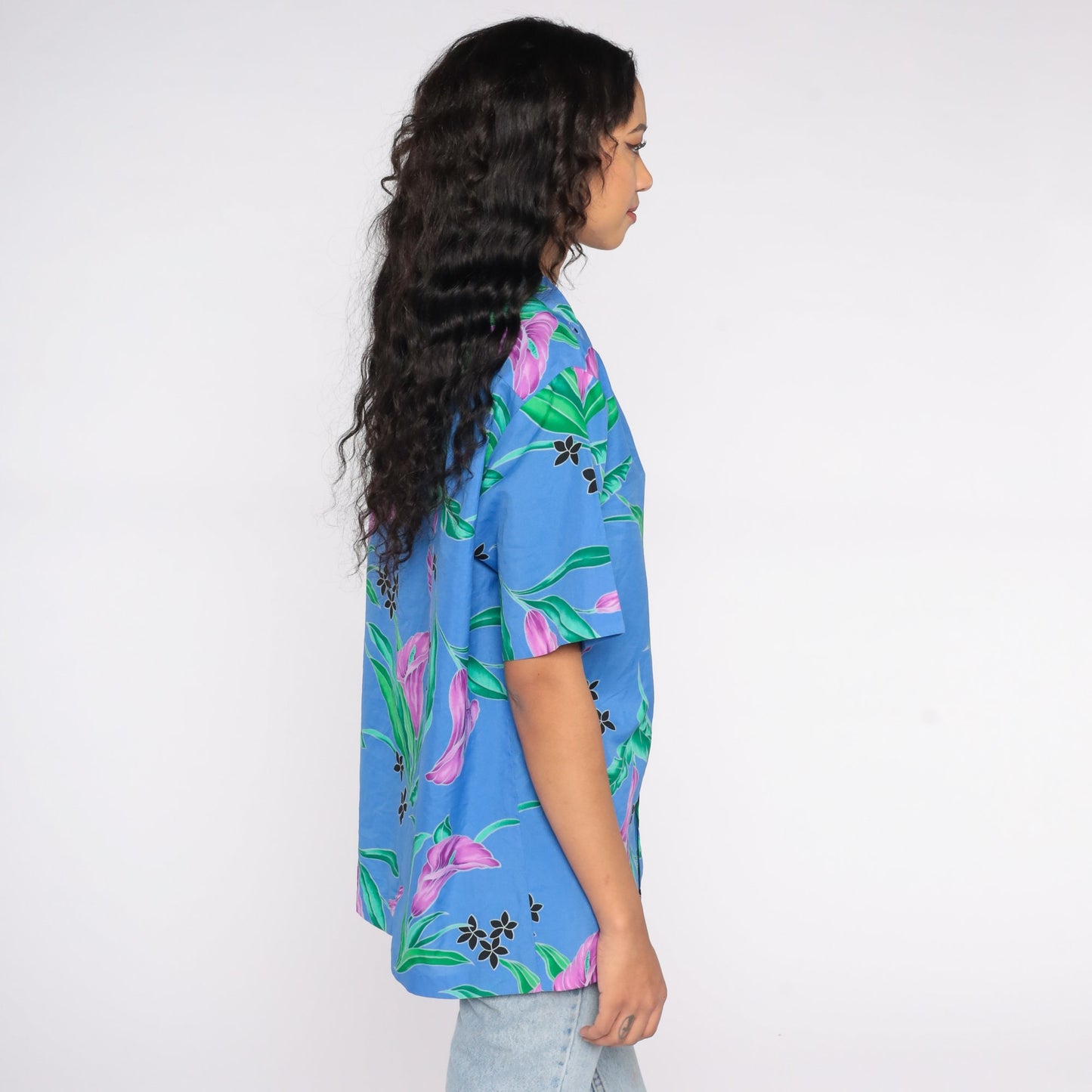 80s Hilo Hattie Tropical Floral Button-Up Shirt Blue Purple Green Large