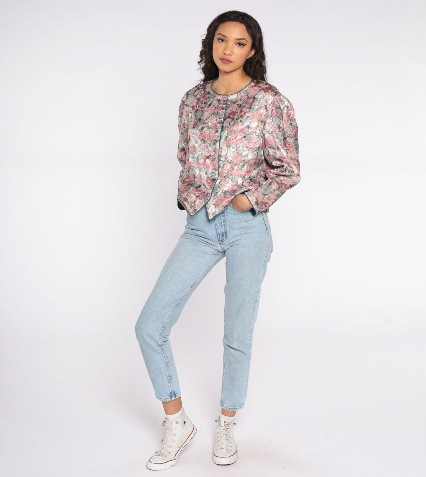 80s Tapestry Floral Button-Up Blouse Pink Puff Sleeve Shirt Large
