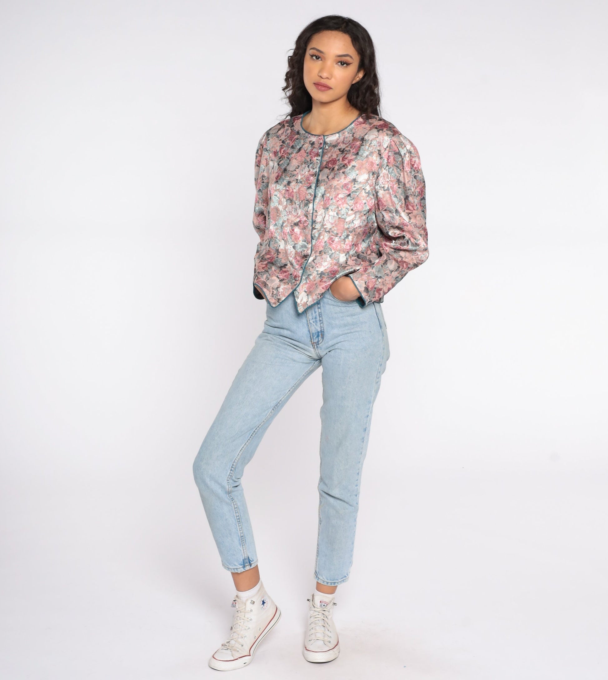 80s Tapestry Floral Button-Up Blouse Pink Puff Sleeve Shirt Large