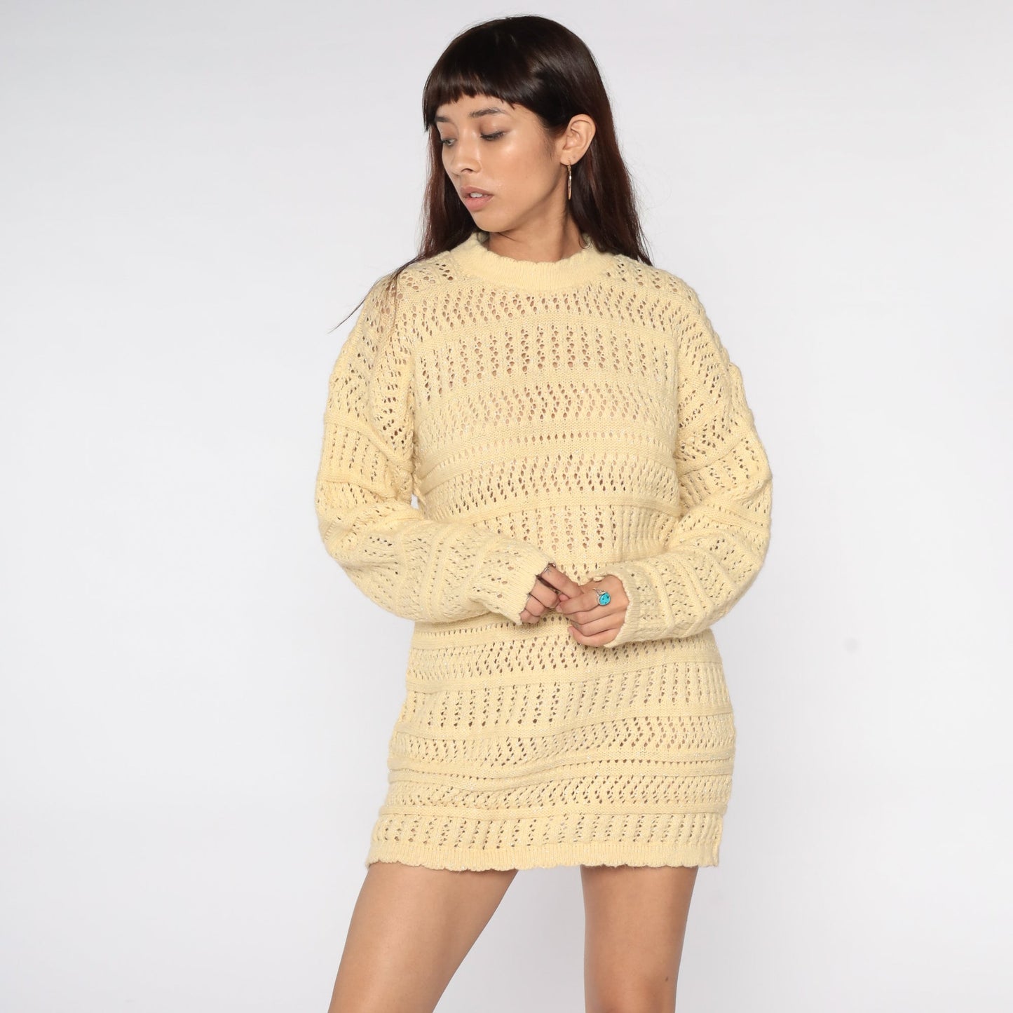 80s Yellow Metallic Knit Sweater Sheer Cutout Pullover Large