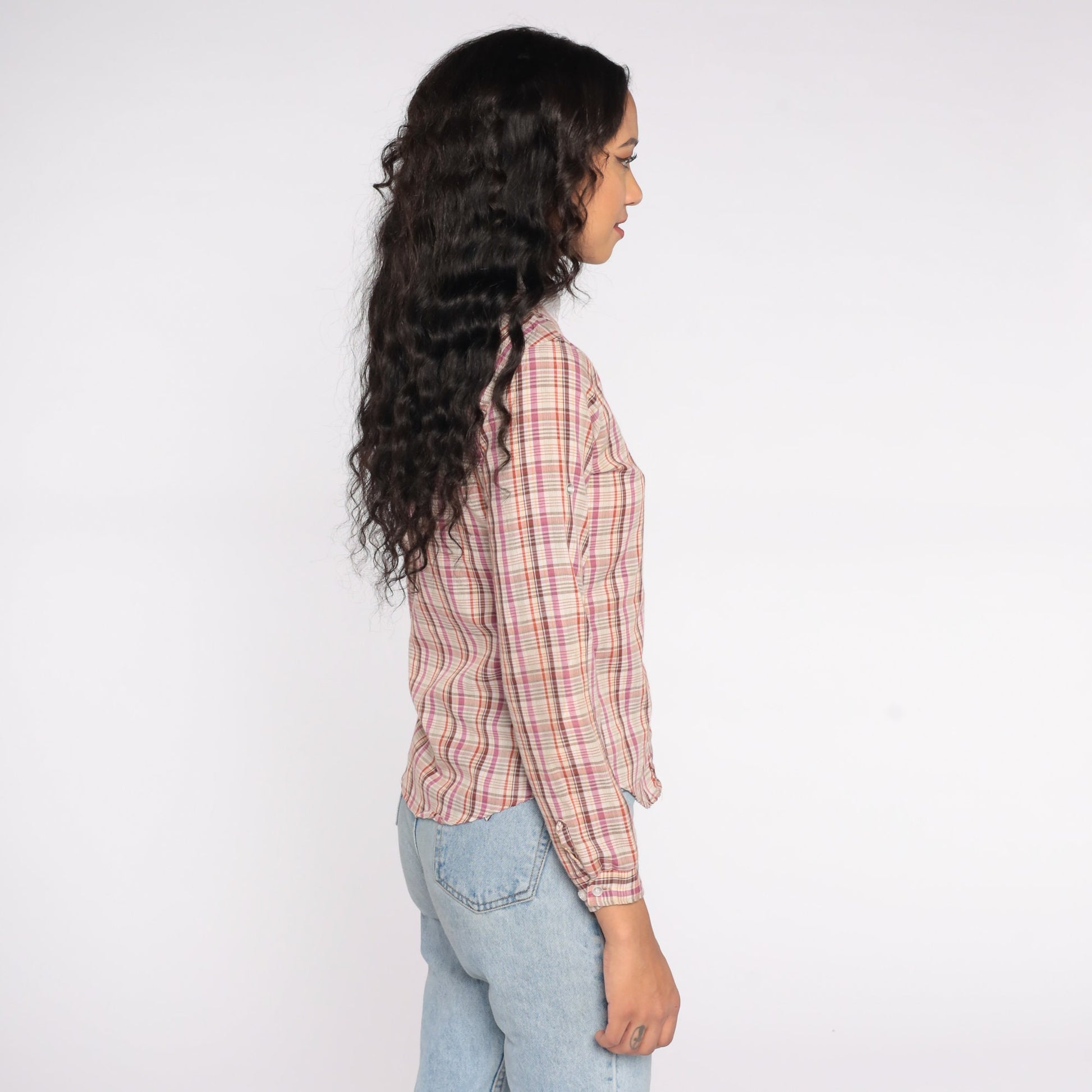 80s Western Plaid Button Up Blouse Purple Red Yellow Checkered Cowgirl Shirt Extra Small XS