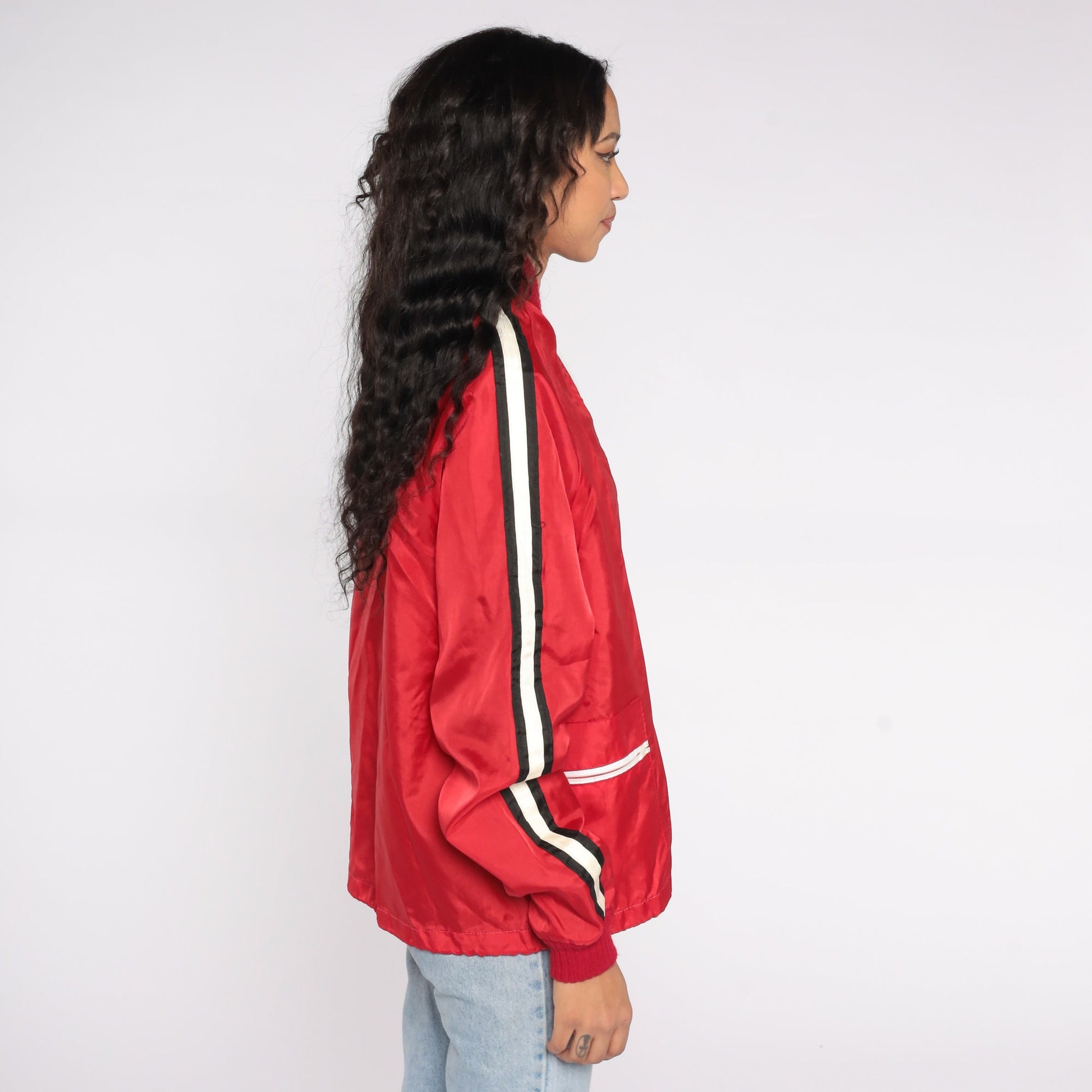 70s Red White Colour Block Windbreaker Jacket Owl Patch Zip Nylon Extra Large