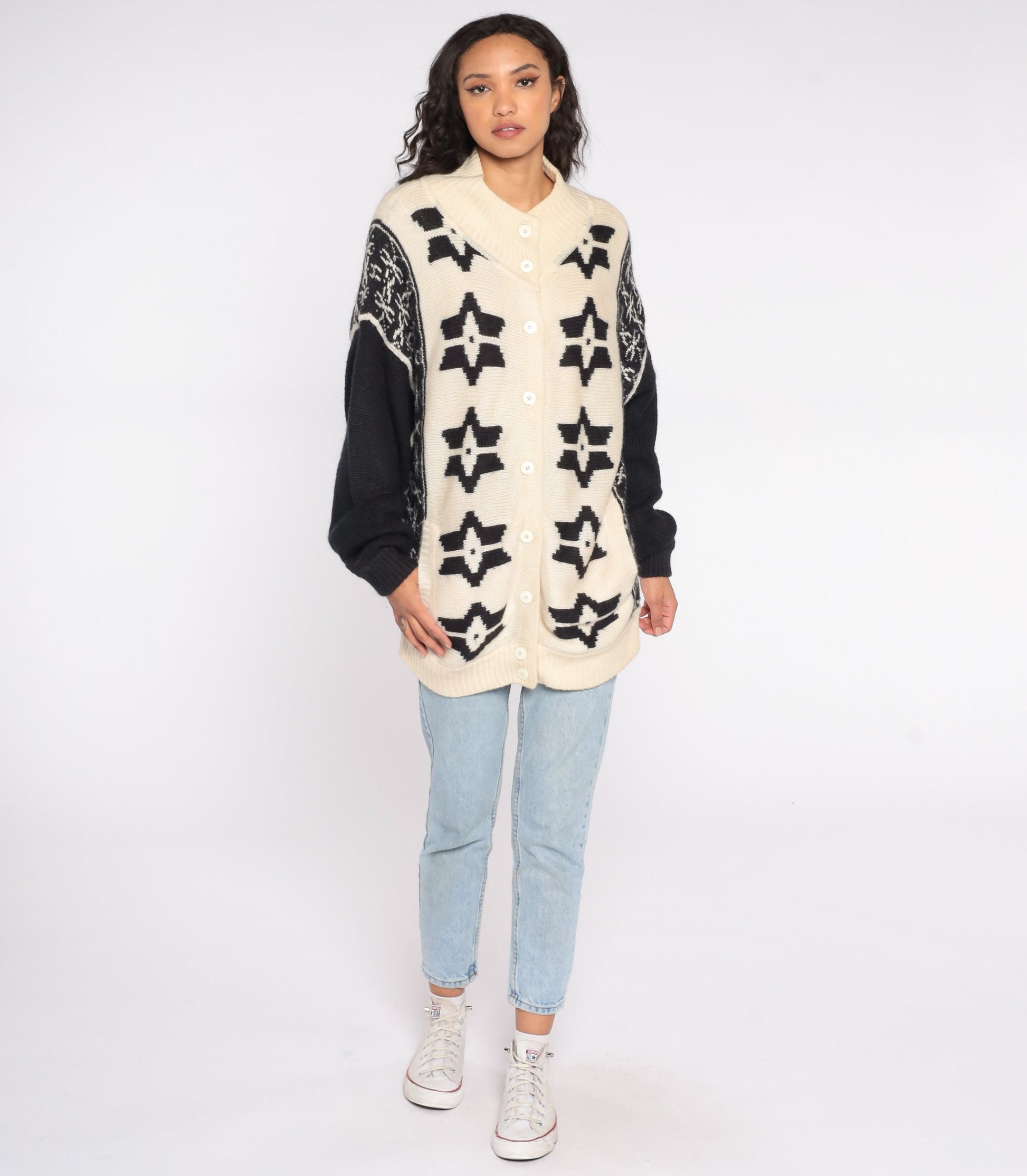 80s Fair Isle Cardigan Off-White Snowflake Knit Button-Up Large L