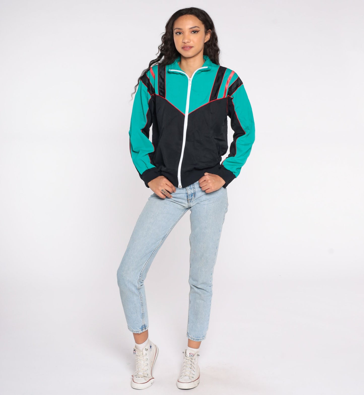 80s Track Jacket Zip-Up Sweatshirt Black Teal Colour Block Medium