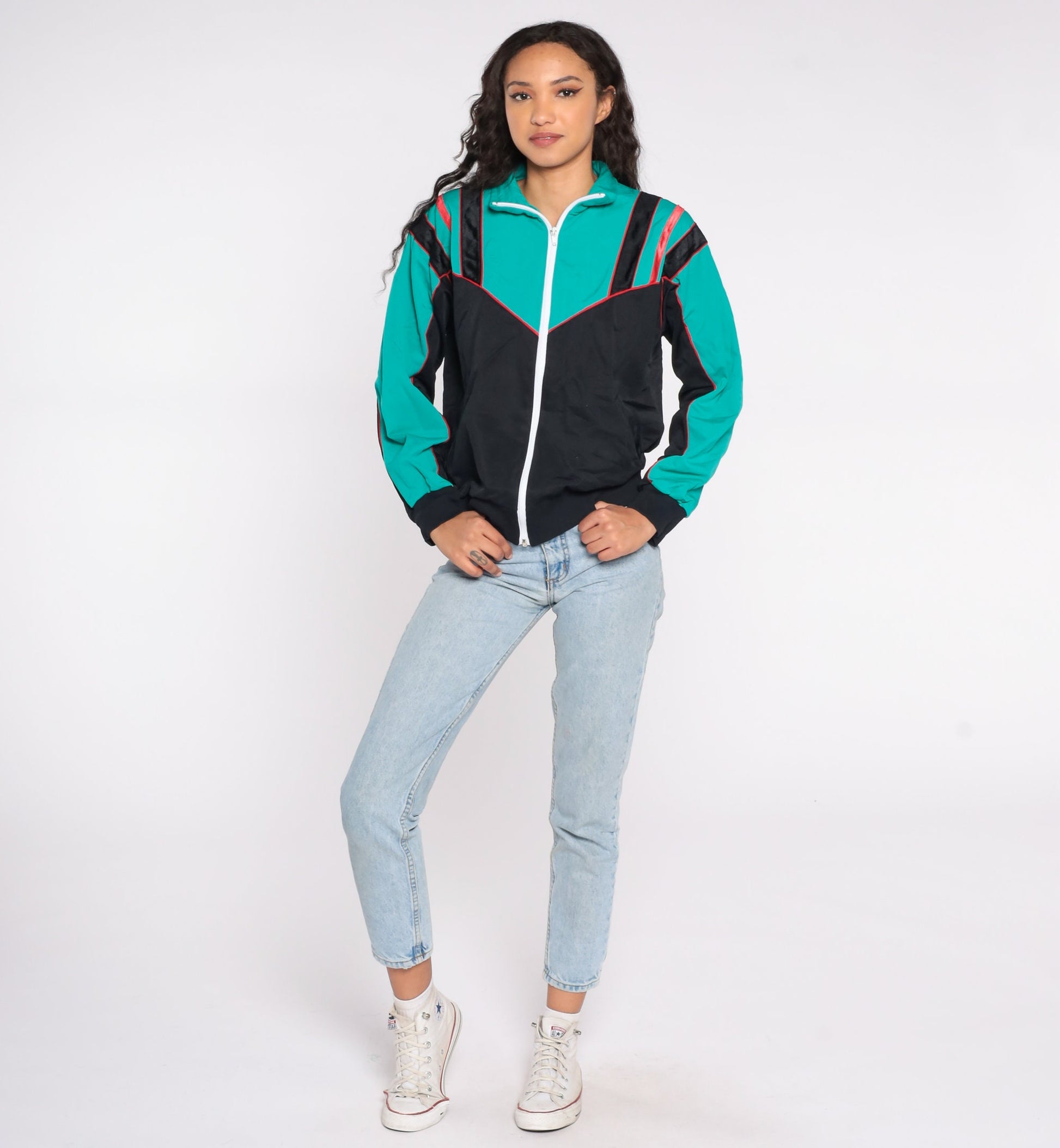 80s Track Jacket Zip-Up Sweatshirt Black Teal Colour Block Medium