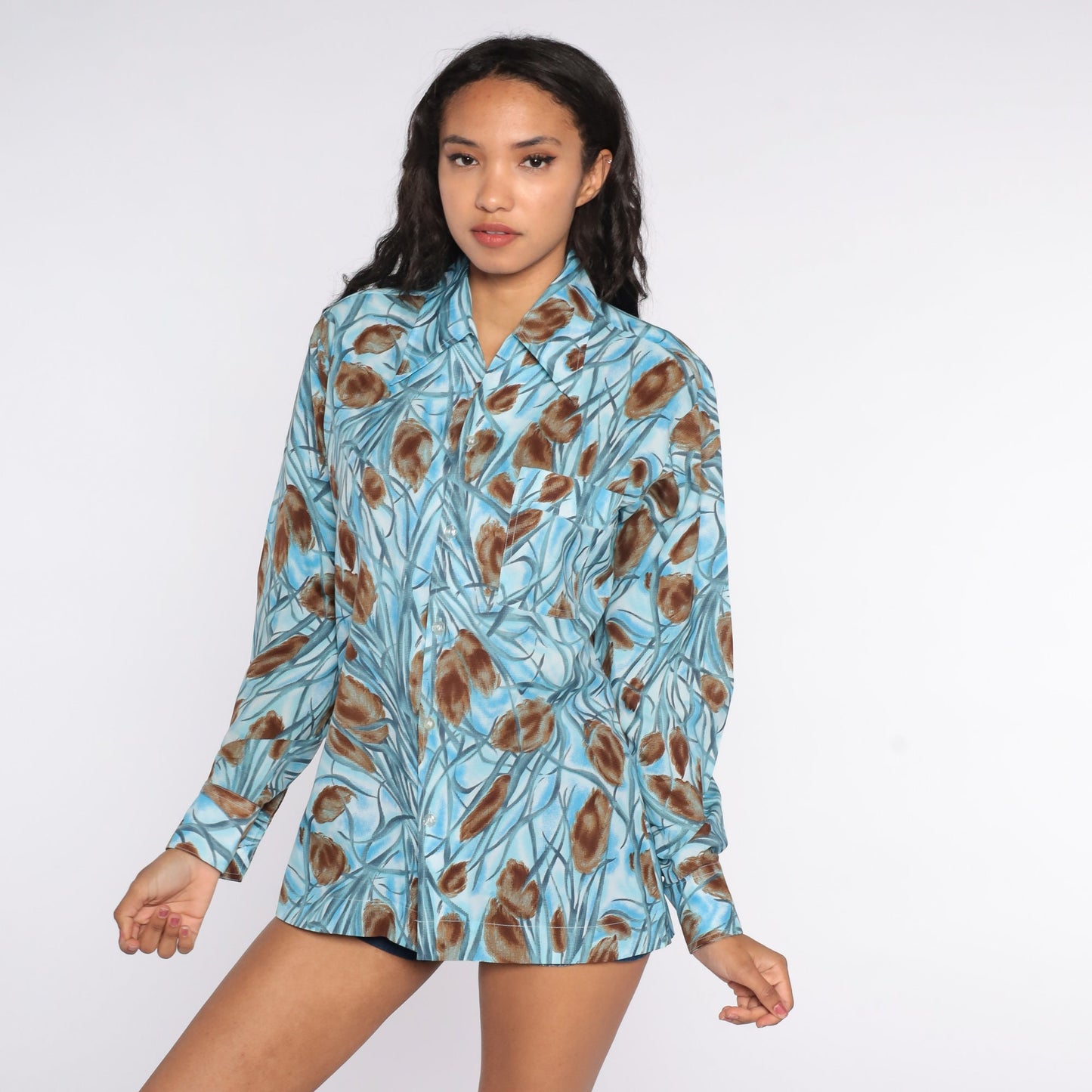 70s Blue Floral Button Up Shirt Dagger Collar Long Sleeve Medium