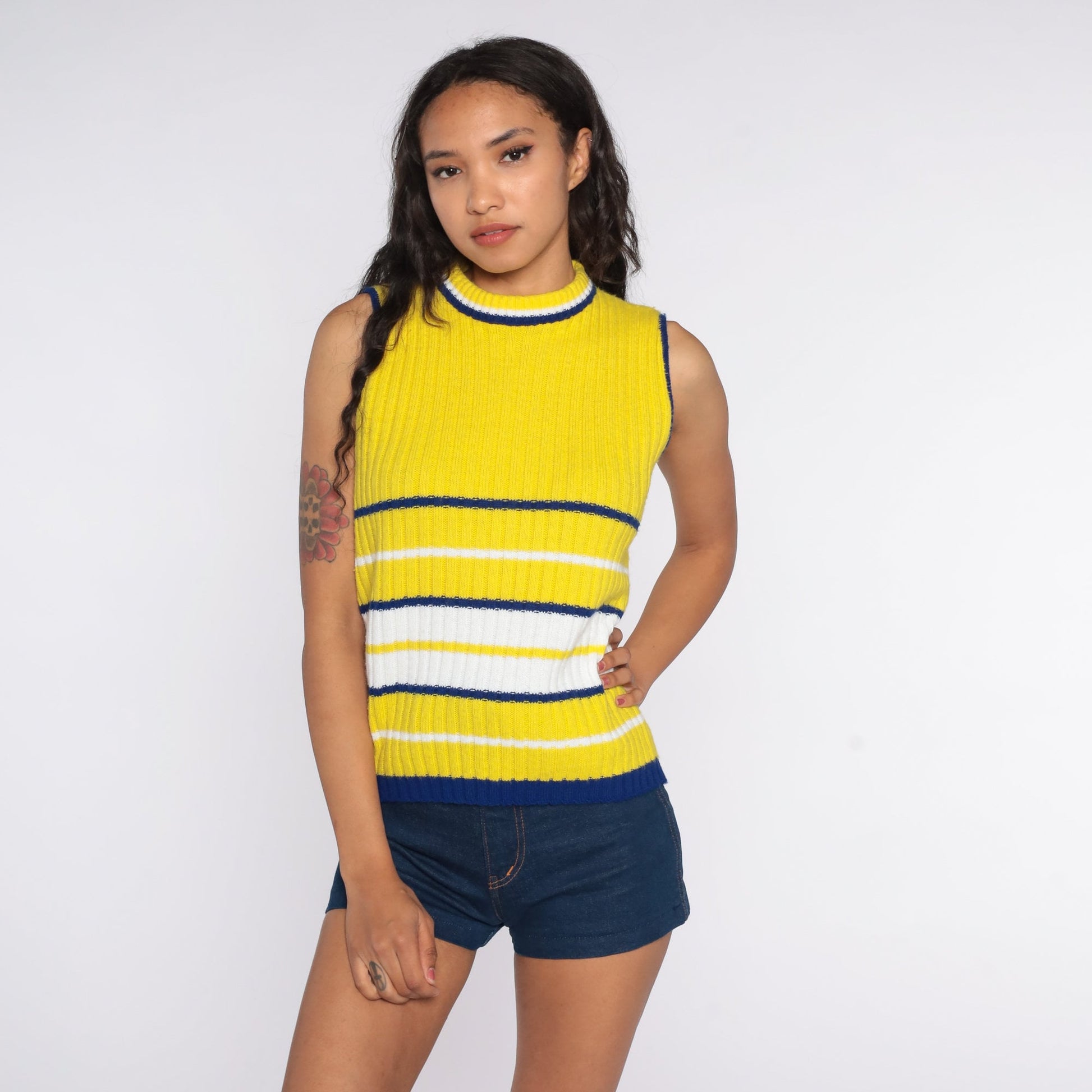 70s Yellow Striped Knit Tank Top Sleeveless Sweater Vest Medium
