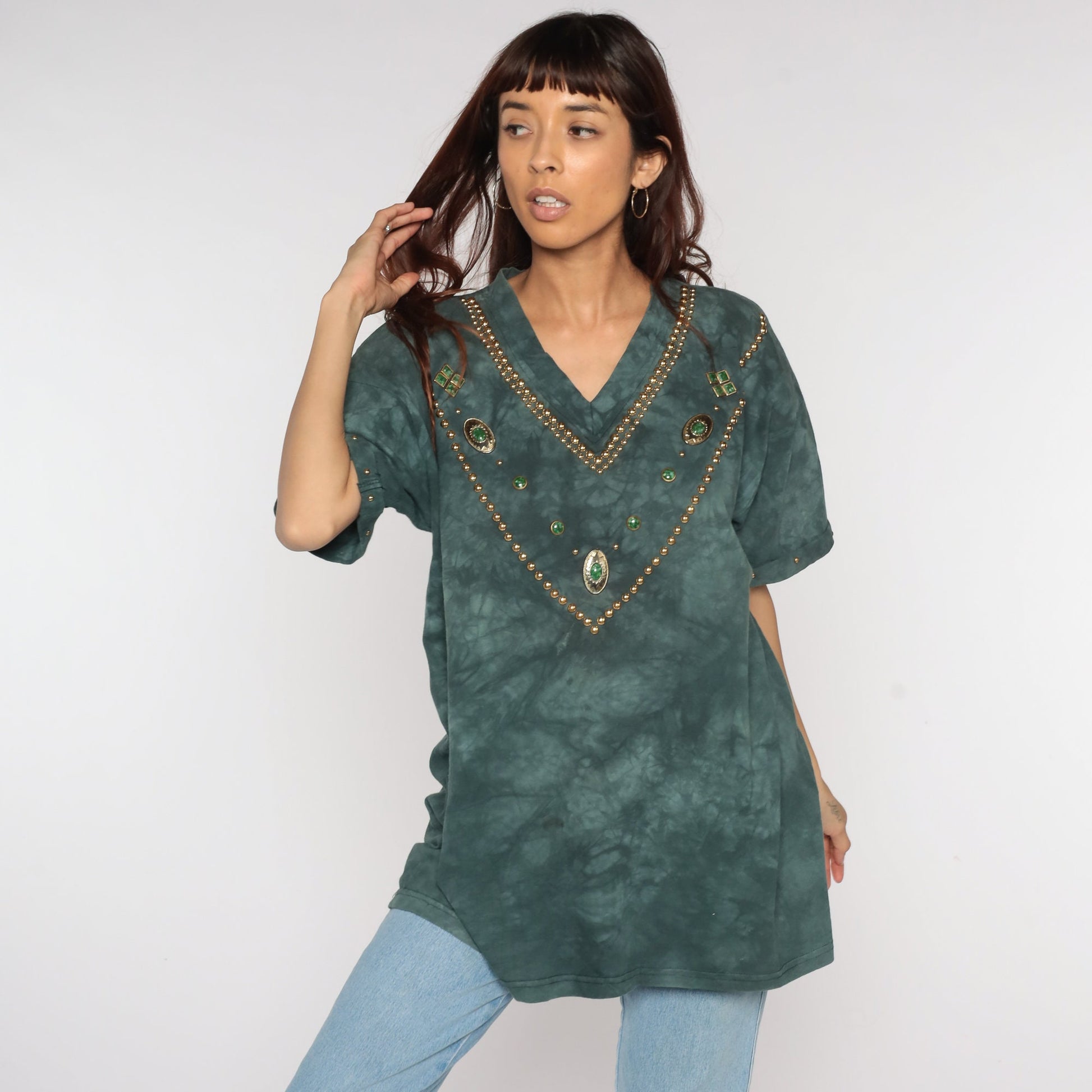 80s Tie Dye V-Neck T-Shirt Gold Studded Green Short Sleeve Extra Large