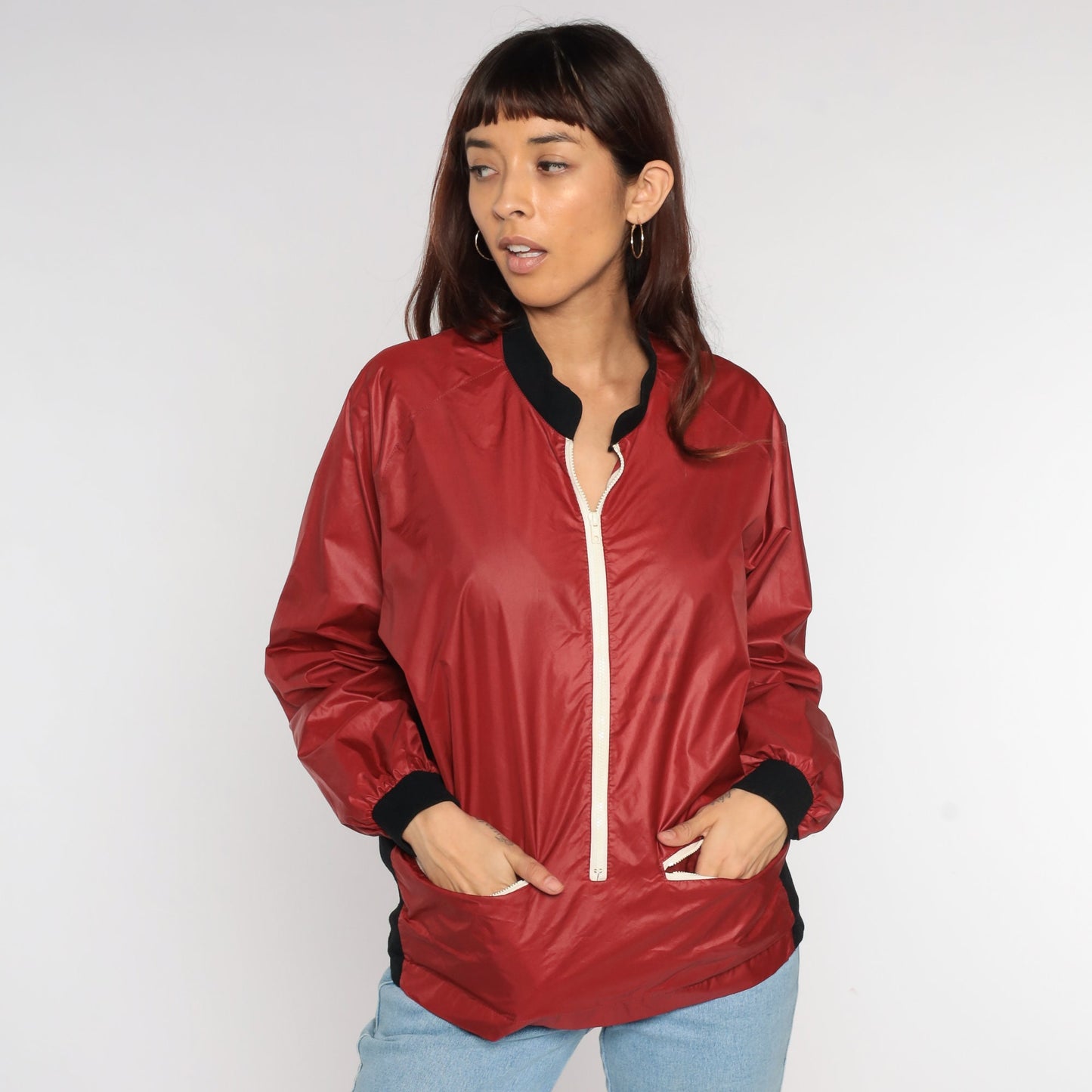 80s Red Nylon Windbreaker Jacket Raglan Sleeve Zip Bomber Large L