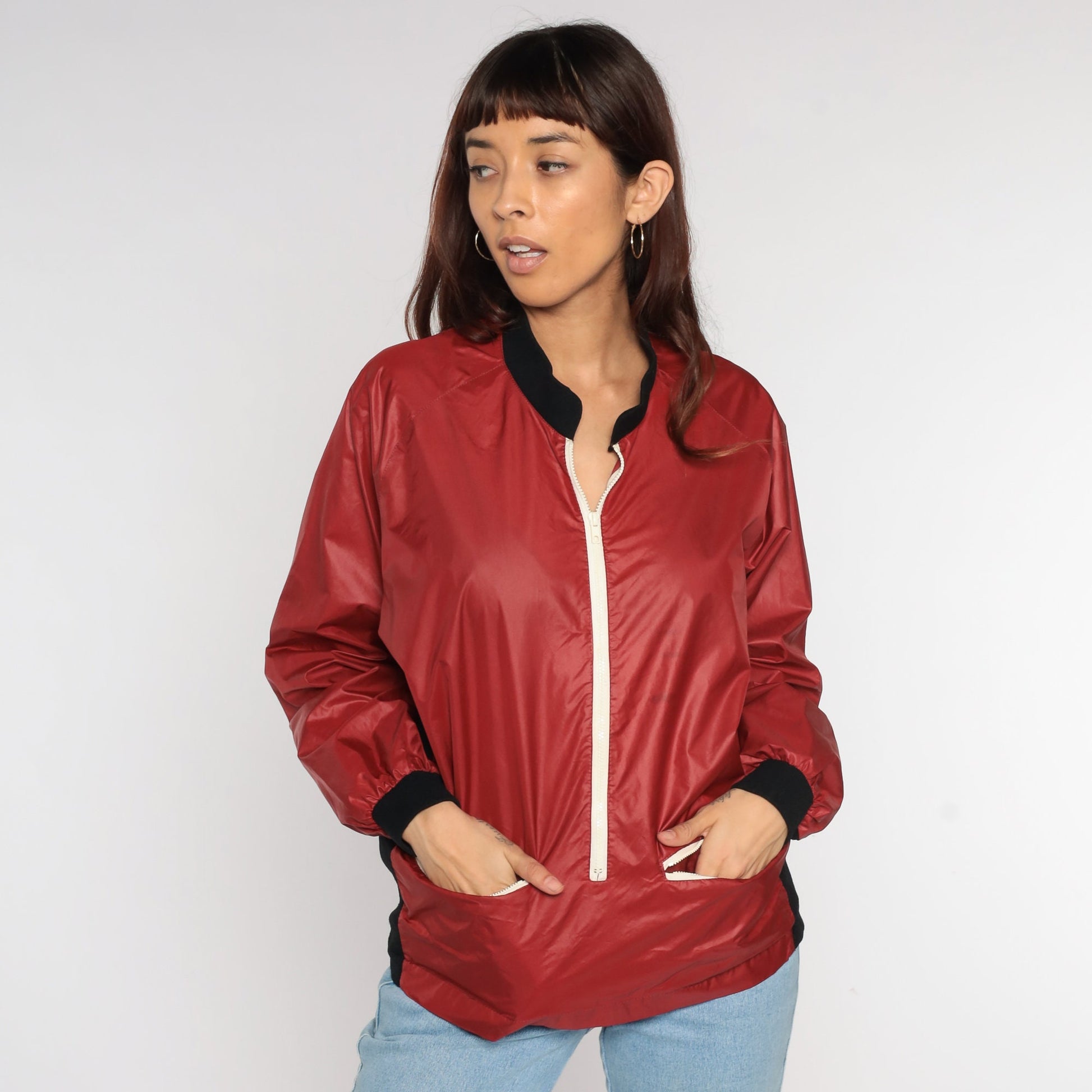 80s Red Nylon Windbreaker Jacket Raglan Sleeve Zip Bomber Large L