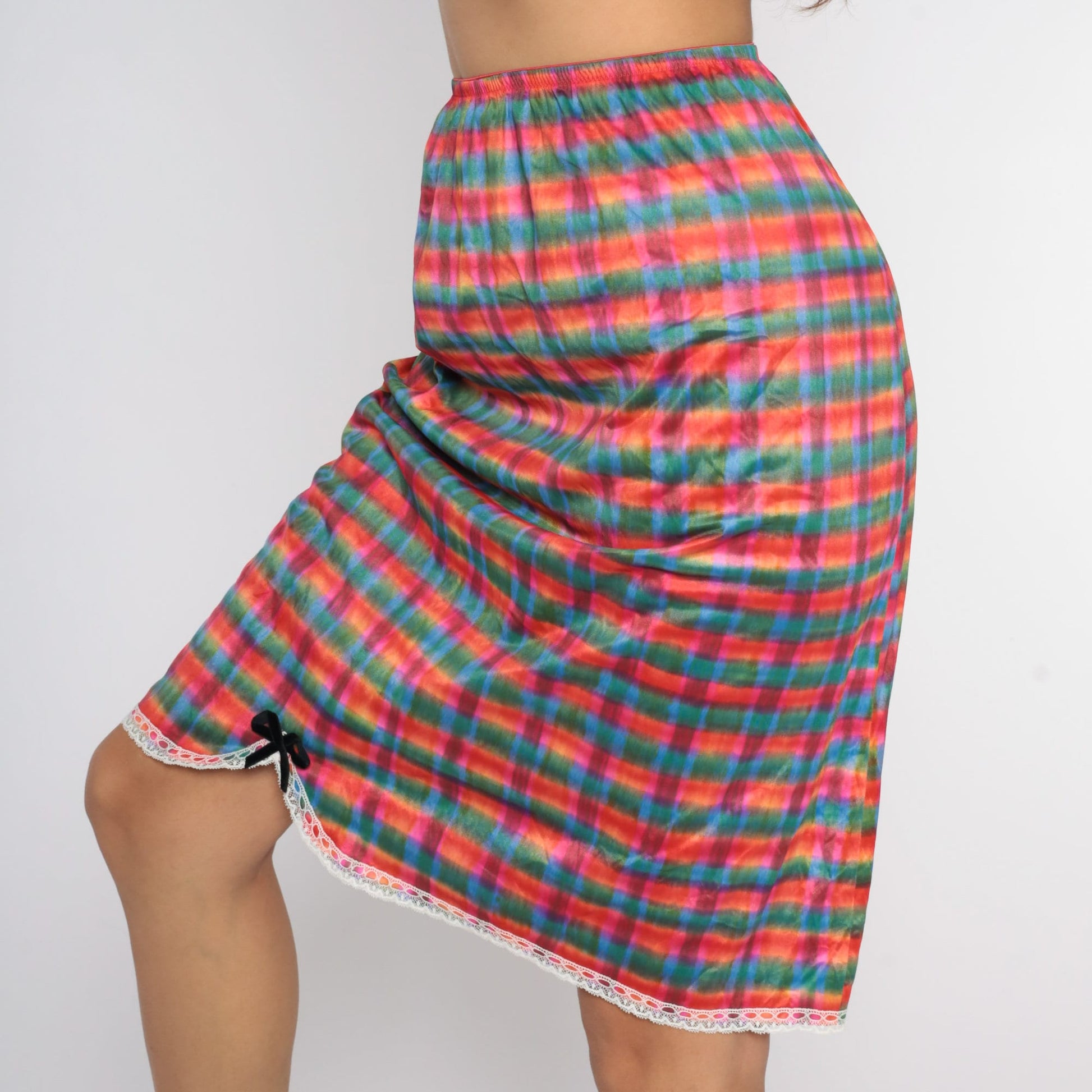 70s Checkered Nylon Half Slip Lingerie Skirt Lace Trim Green Pink Red Medium