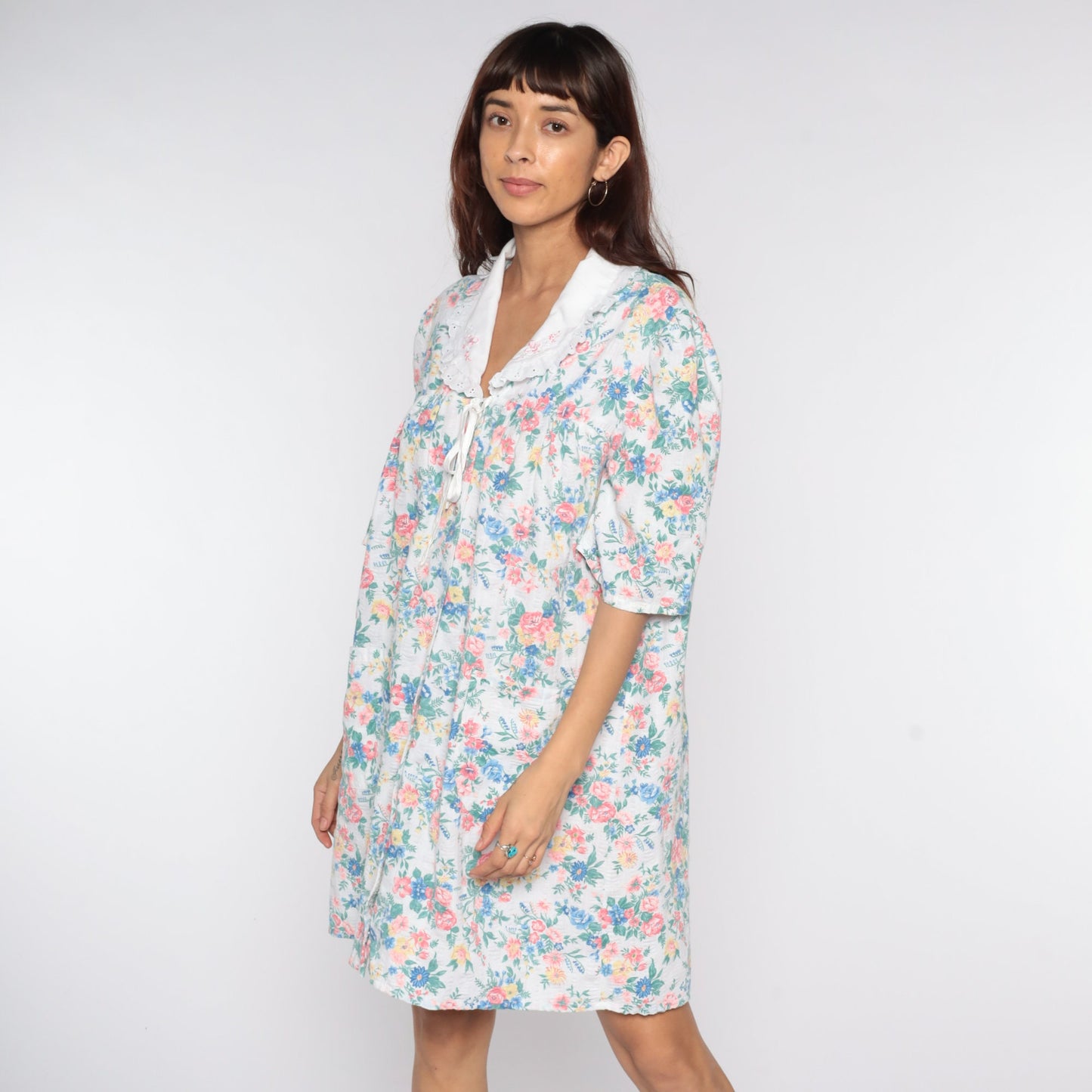 80s Floral Dress with Lace Collar Short Sleeve White Cotton Mini Large L