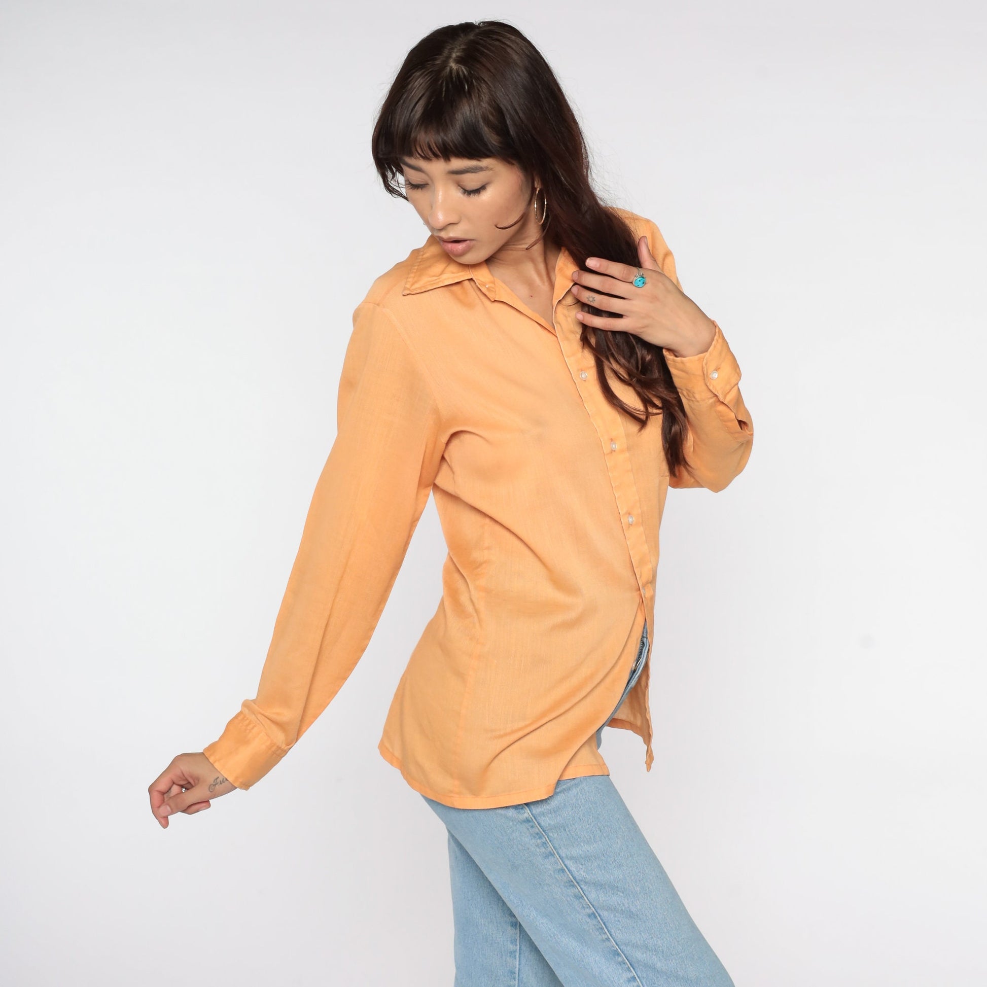 70s Orange Semi-Sheer Button-Up Shirt Long Sleeve Disco Collared Medium