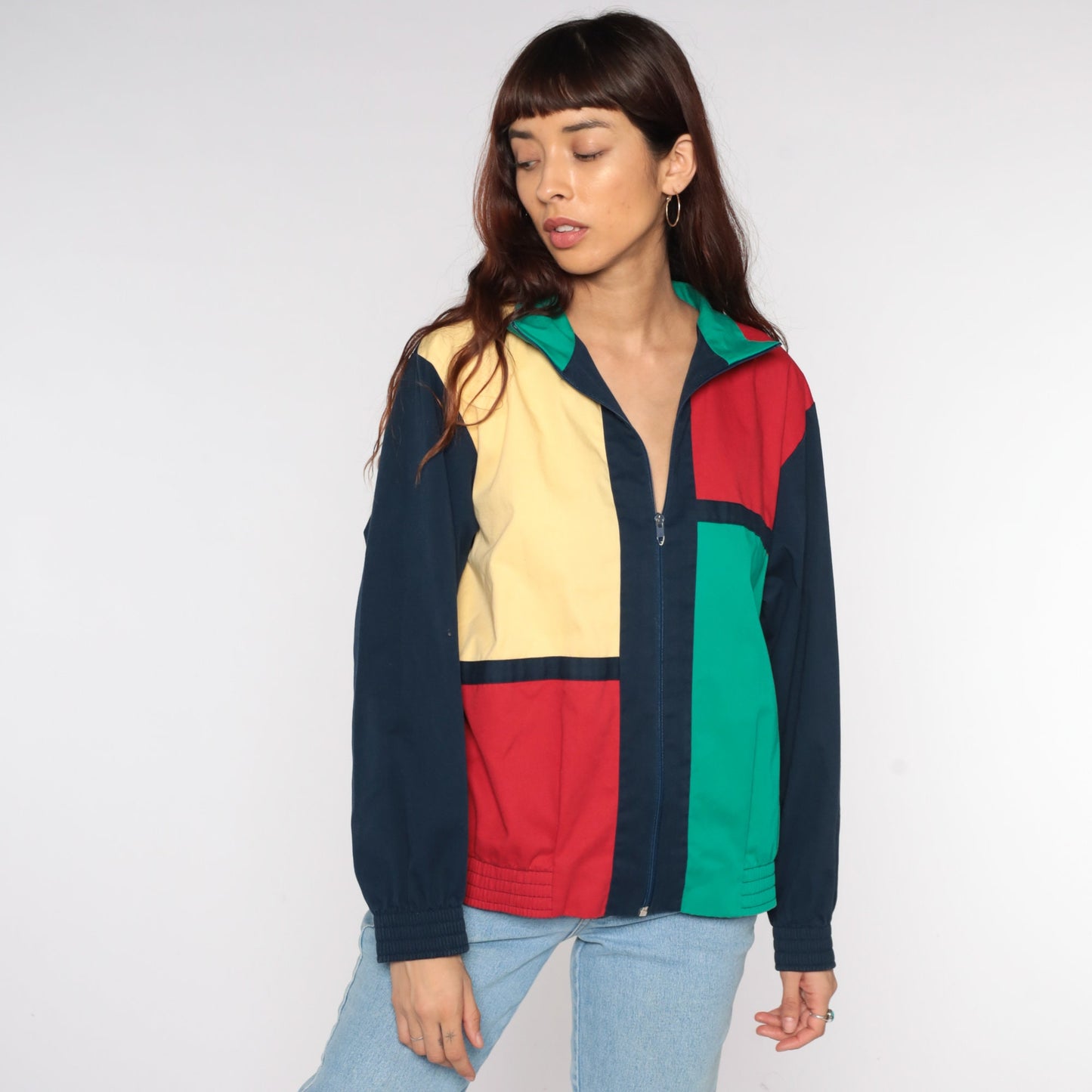 90s Color Block Windbreaker Jacket Navy Red Yellow Green Zip Medium