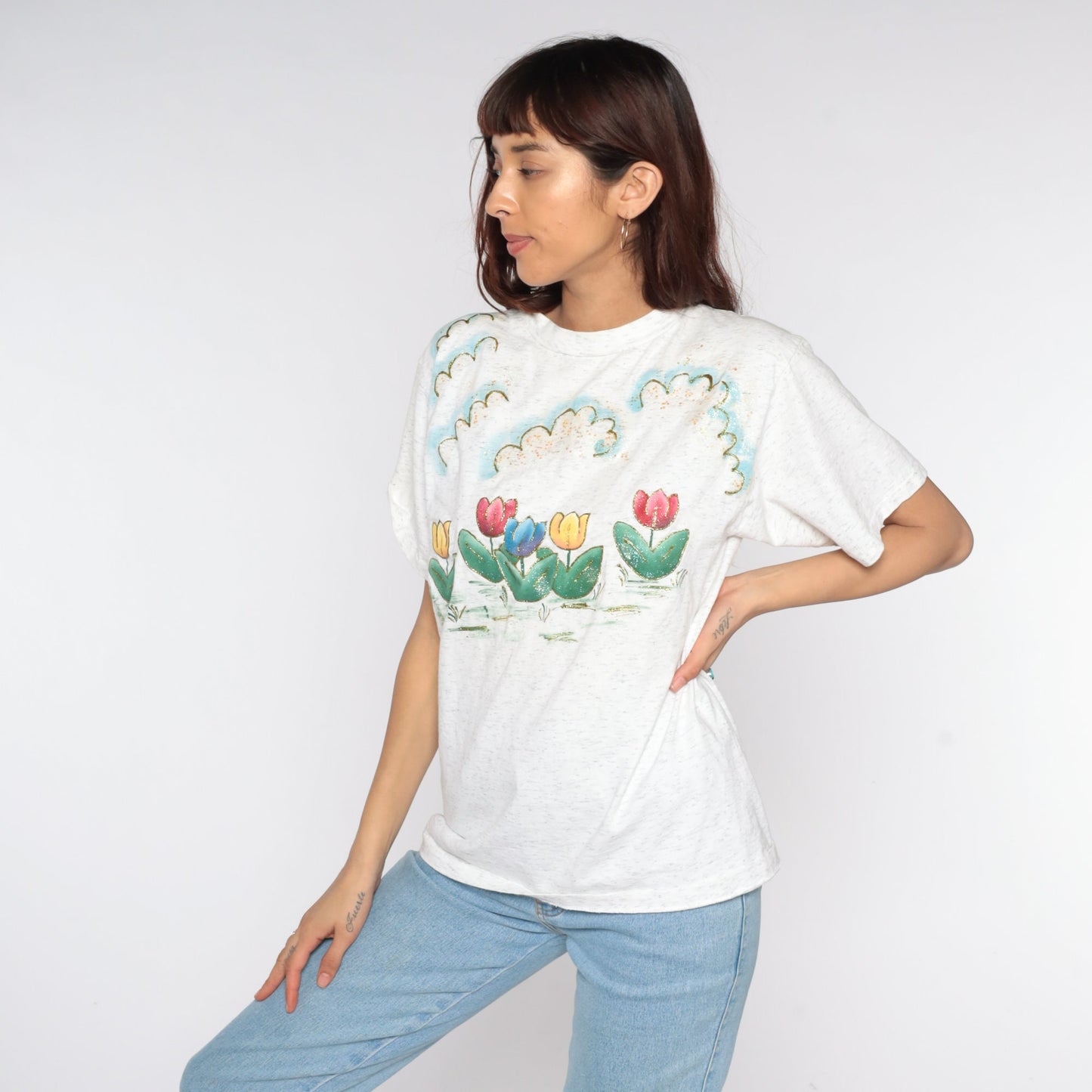 90s Glitter Tulip Floral T-Shirt Cotton Graphic Tee Medium M
