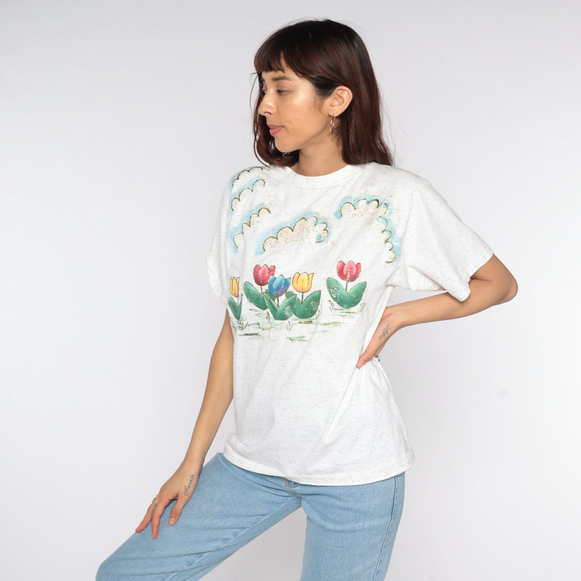 90s Glitter Tulip Floral T-Shirt Cotton Graphic Tee Medium M
