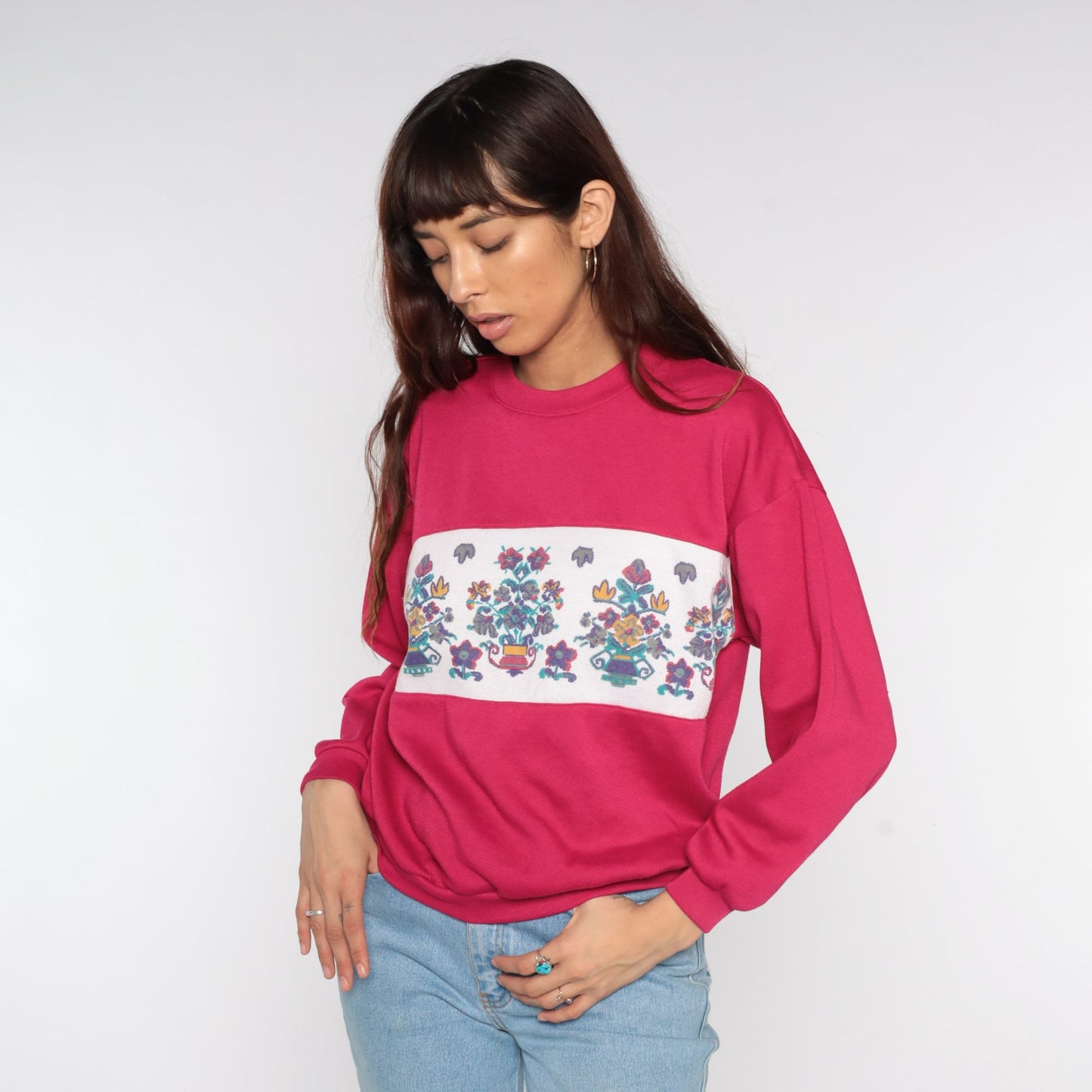 80s Floral Graphic Sweatshirt Deep Pink Crewneck Medium M