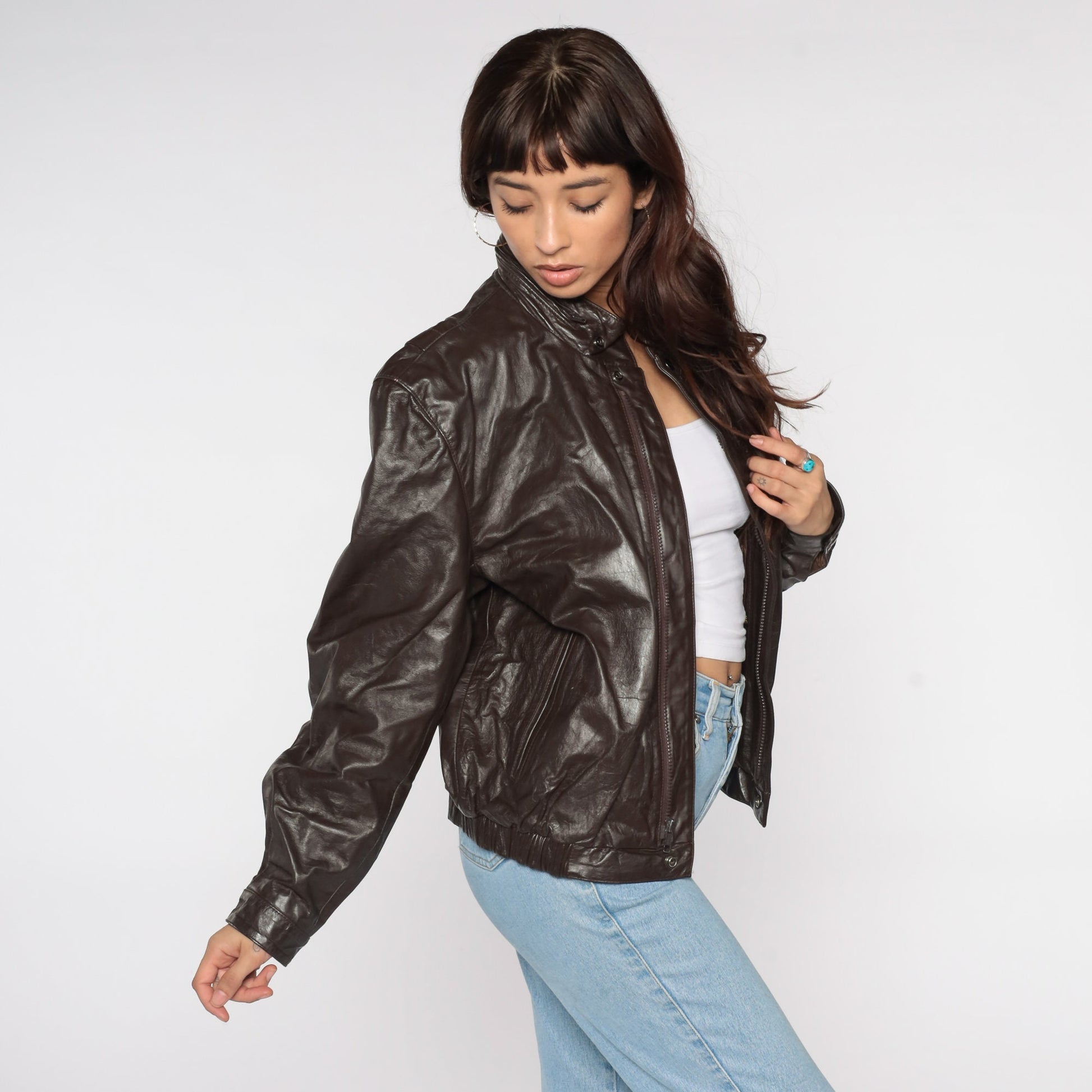 80s Brown Leather Moto Jacket Zip Collared Motorcycle Coat Large