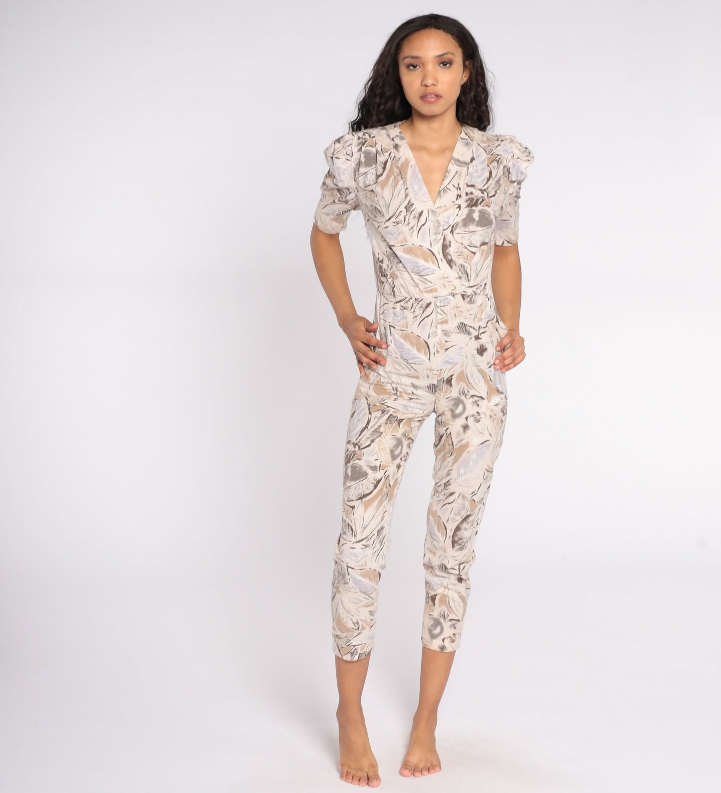 80s Tropical Leaf Print Jumpsuit Puff Sleeve Wrap Bodice Tan Extra Small