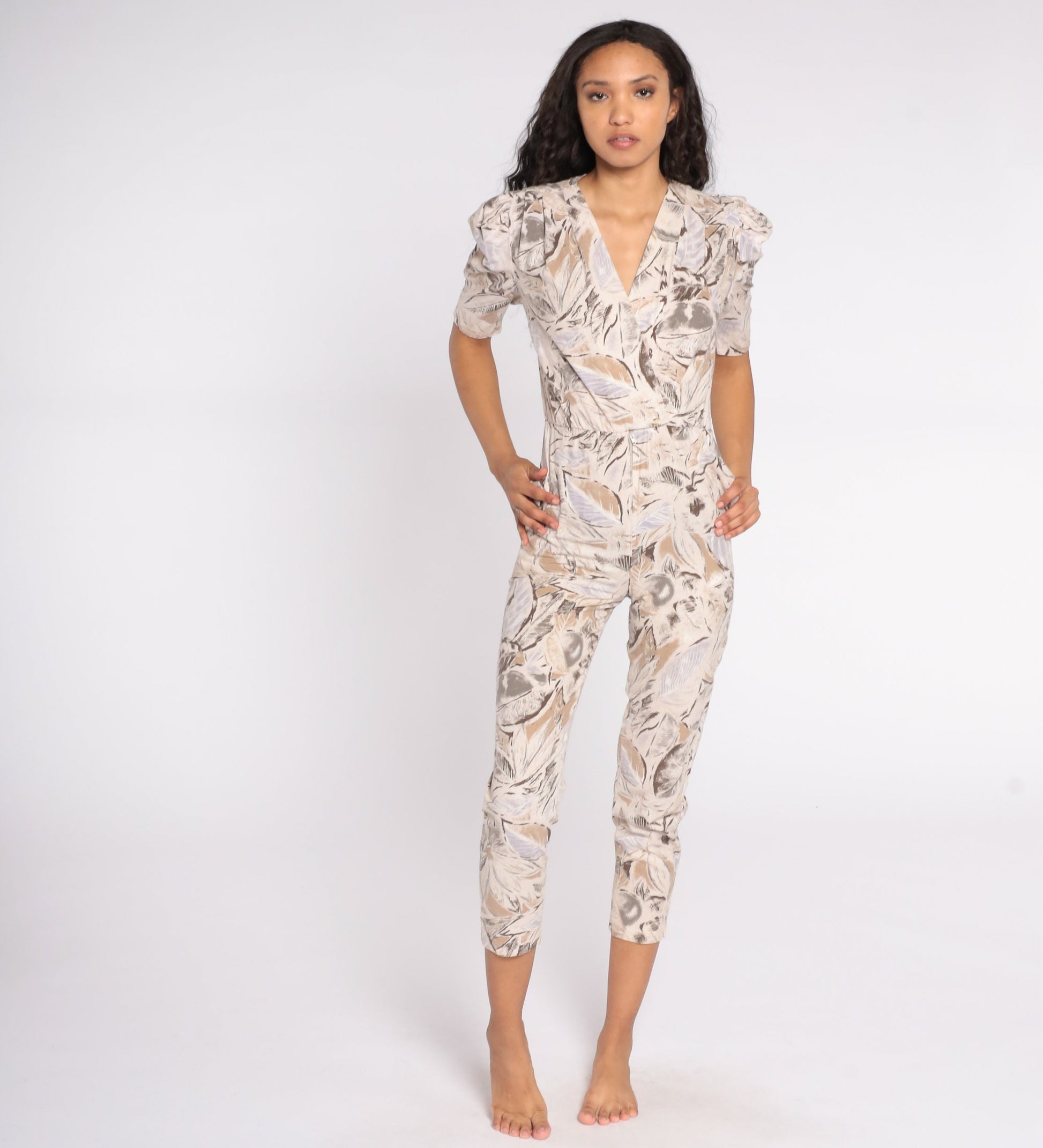 80s Tropical Leaf Print Jumpsuit Puff Sleeve Wrap Bodice Tan Extra Small