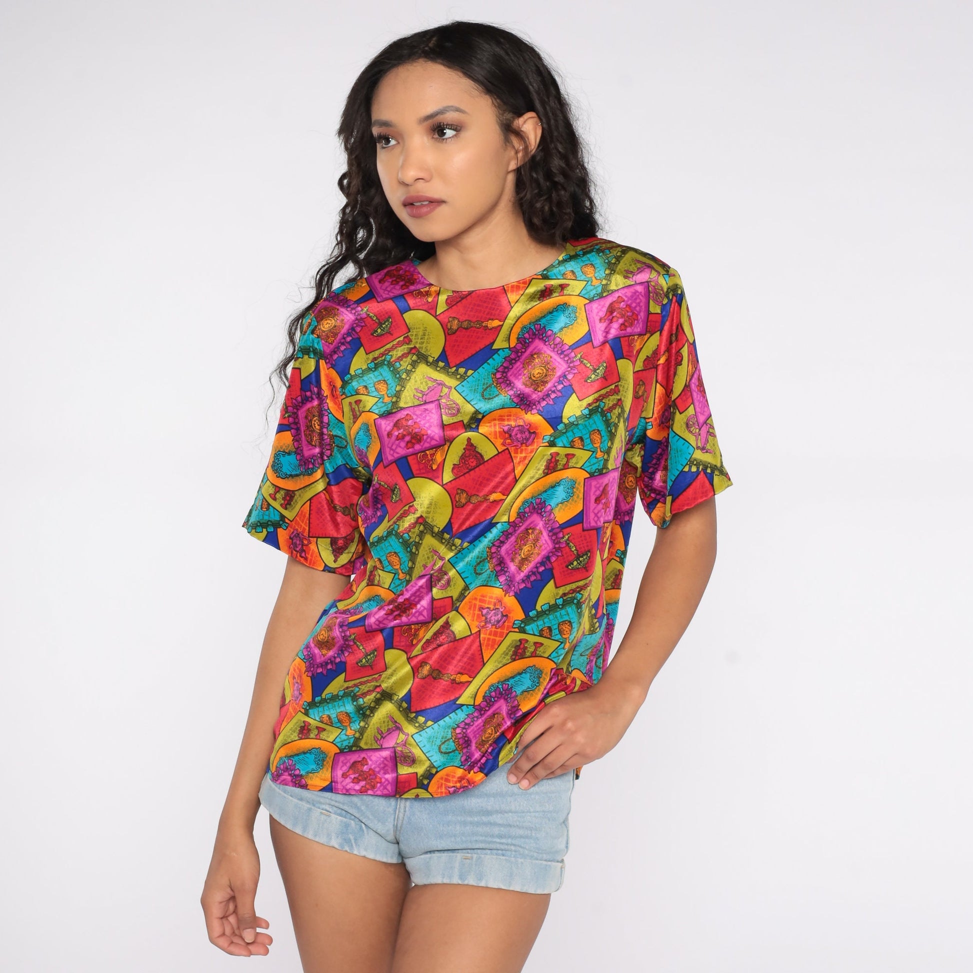 80s Geometric Furniture Print Blouse Cap Sleeve Multicolor Statement Top Large L