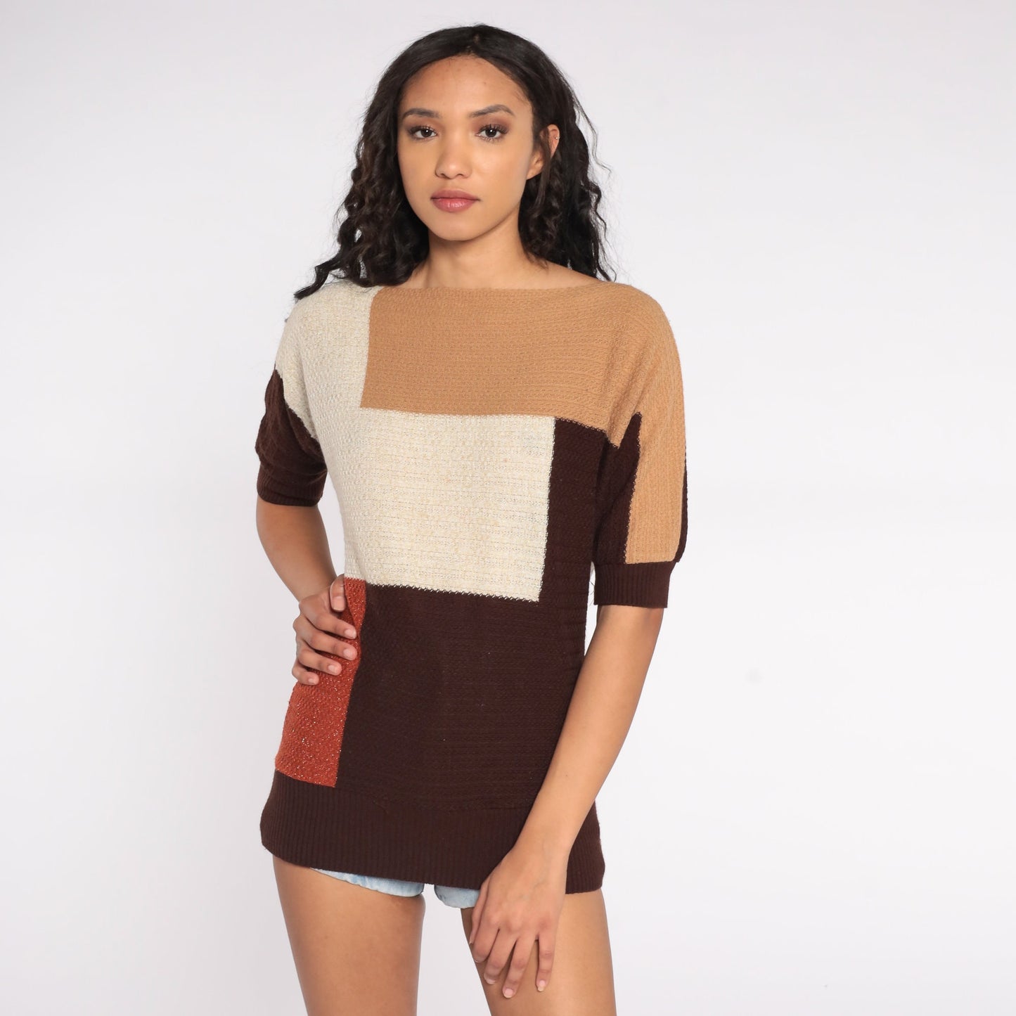 80s Color Block Knit Top Short Sleeve Striped Sweater Cream Rust Brown Small S