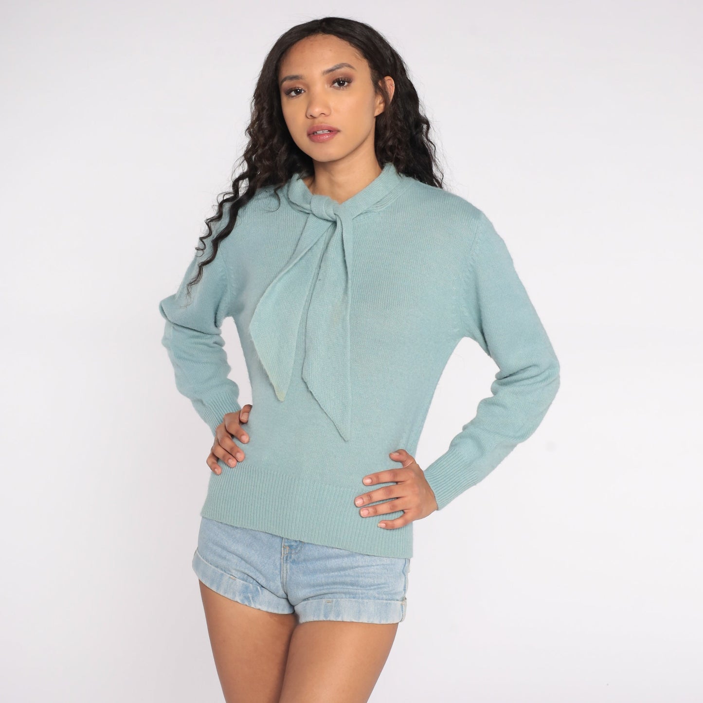 80s Seafoam Blue Ascot Sweater Knit Pullover Large L