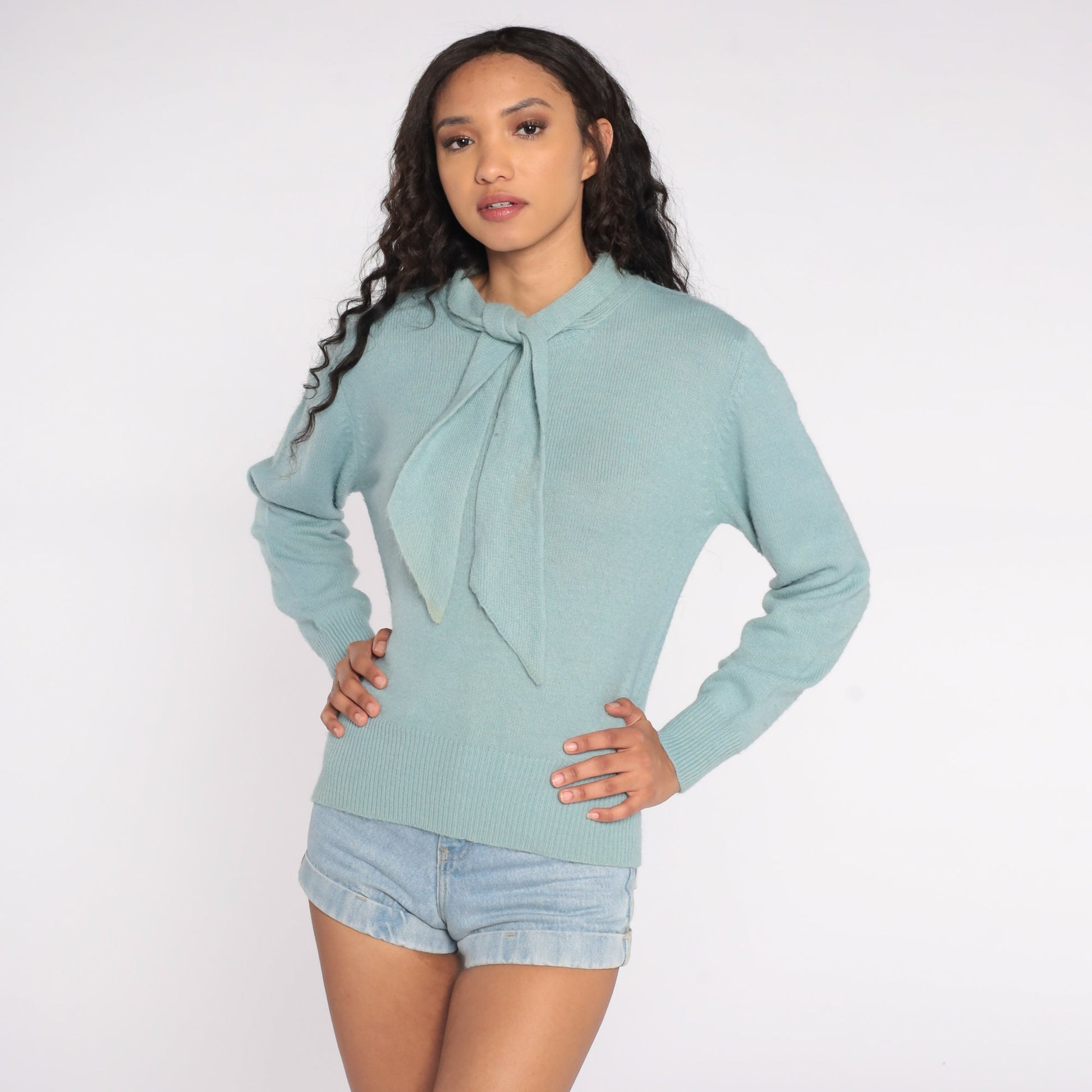 80s Seafoam Blue Ascot Sweater Knit Pullover Large L