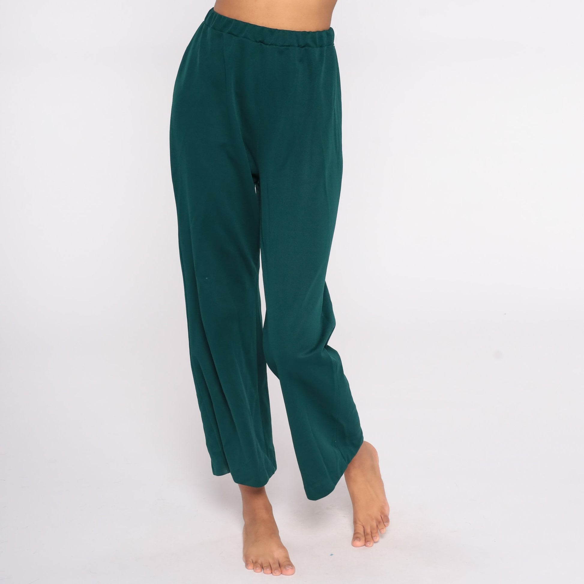 70s Green Bell Bottom Trousers High Waist Flared Polyester Small Medium
