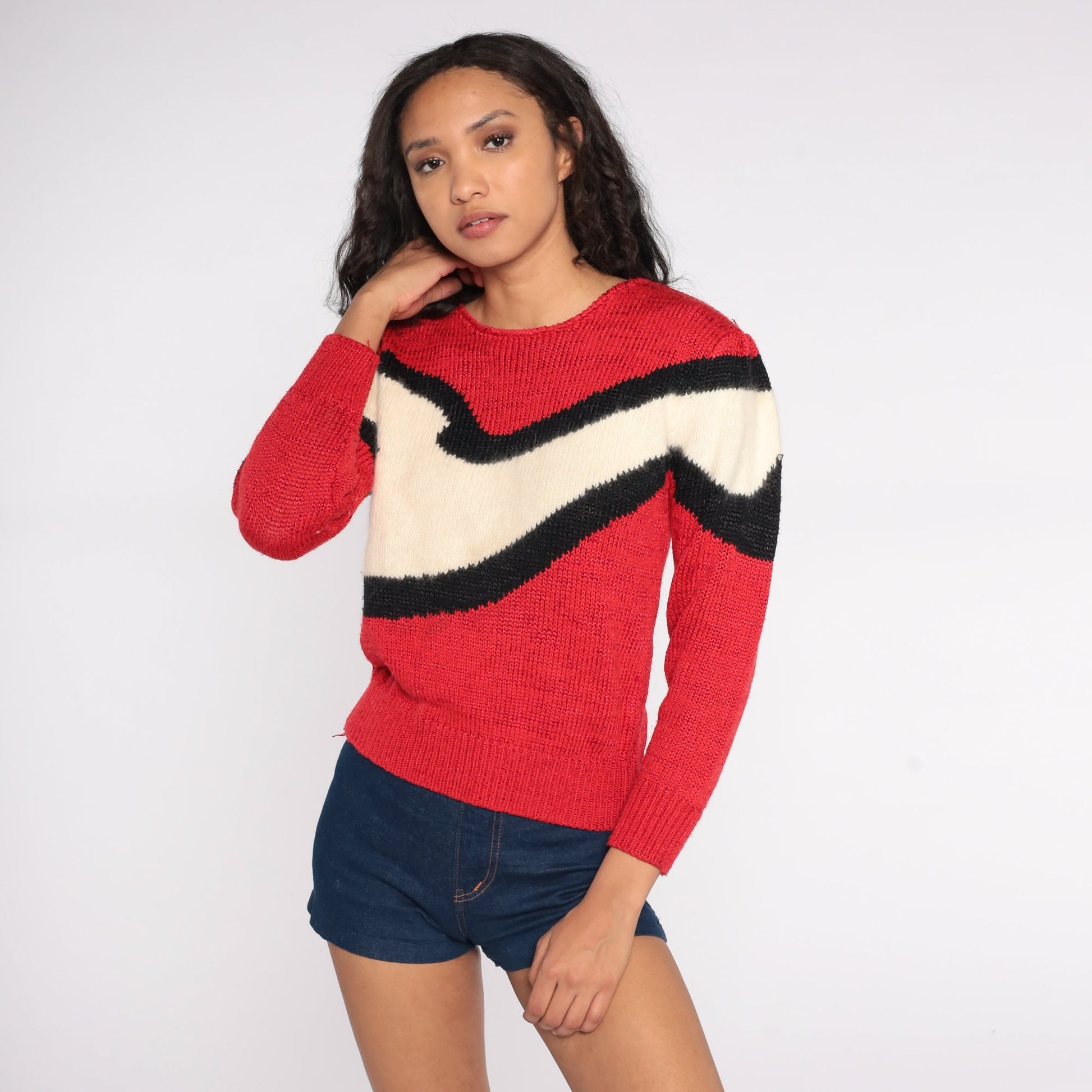 80s Puff Sleeve Sweater Red Cream Stripe Angora Wool Blend Knit Small