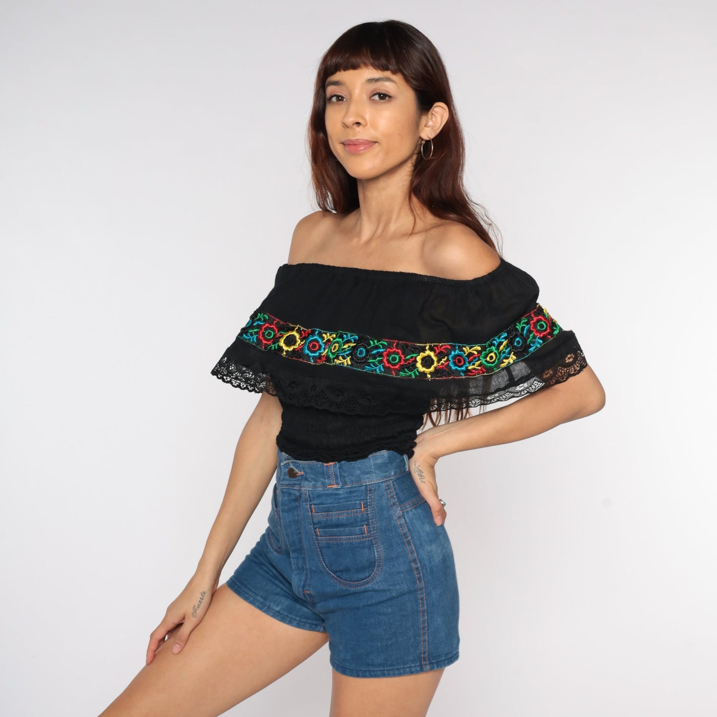 80s Black Off-Shoulder Blouse Floral Embroidered Smocked Waist Extra Small