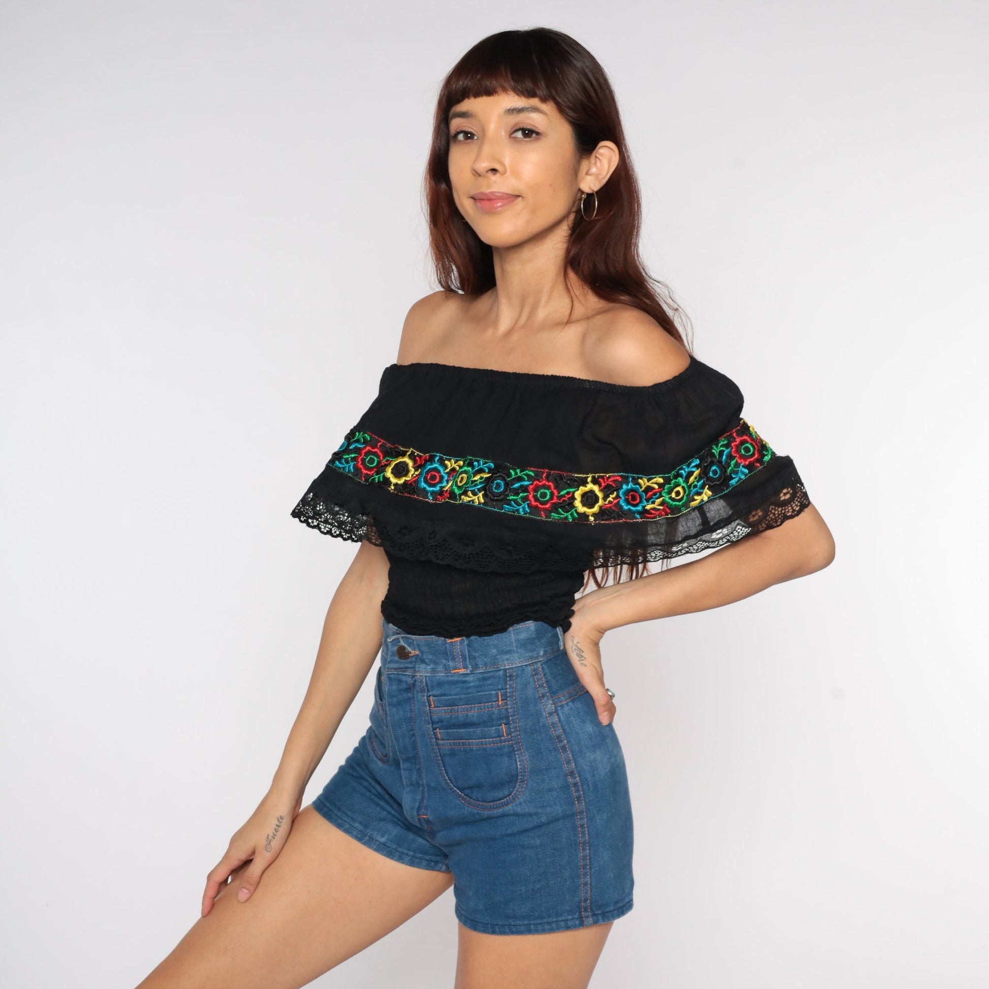 80s Black Off-Shoulder Blouse Floral Embroidered Smocked Waist Extra Small