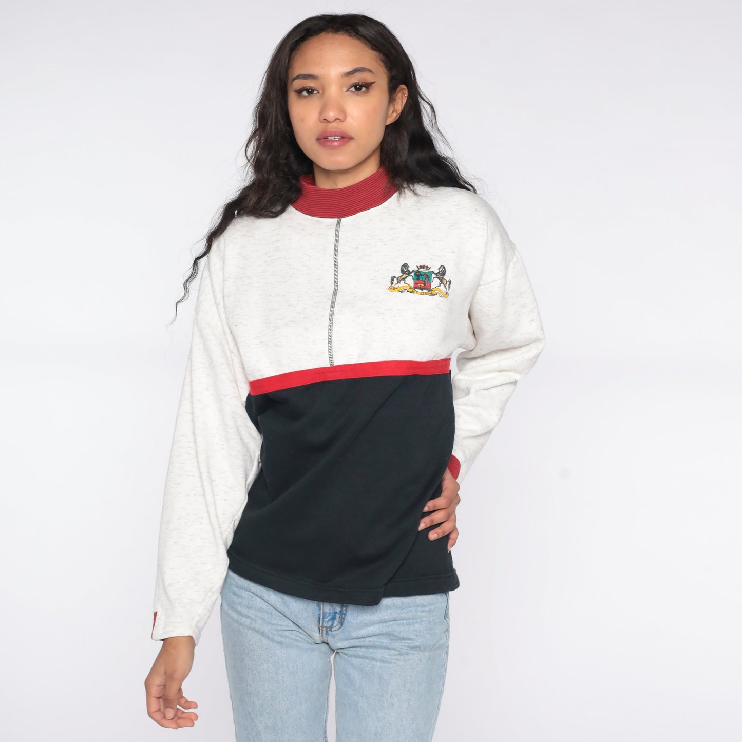 90s Horse Crest Colour Block Sweatshirt Grey Black Mock Neck Medium Large