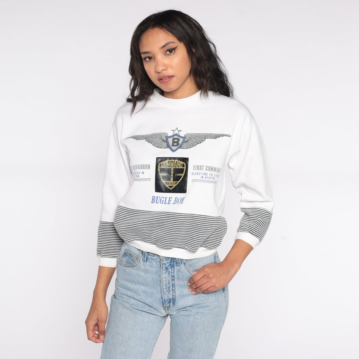 90s Bugle Boy White Striped Military Sweatshirt Extra Small XS