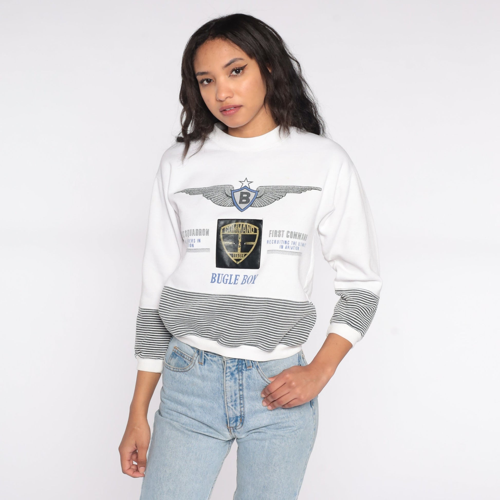 90s Bugle Boy White Striped Military Sweatshirt Extra Small XS