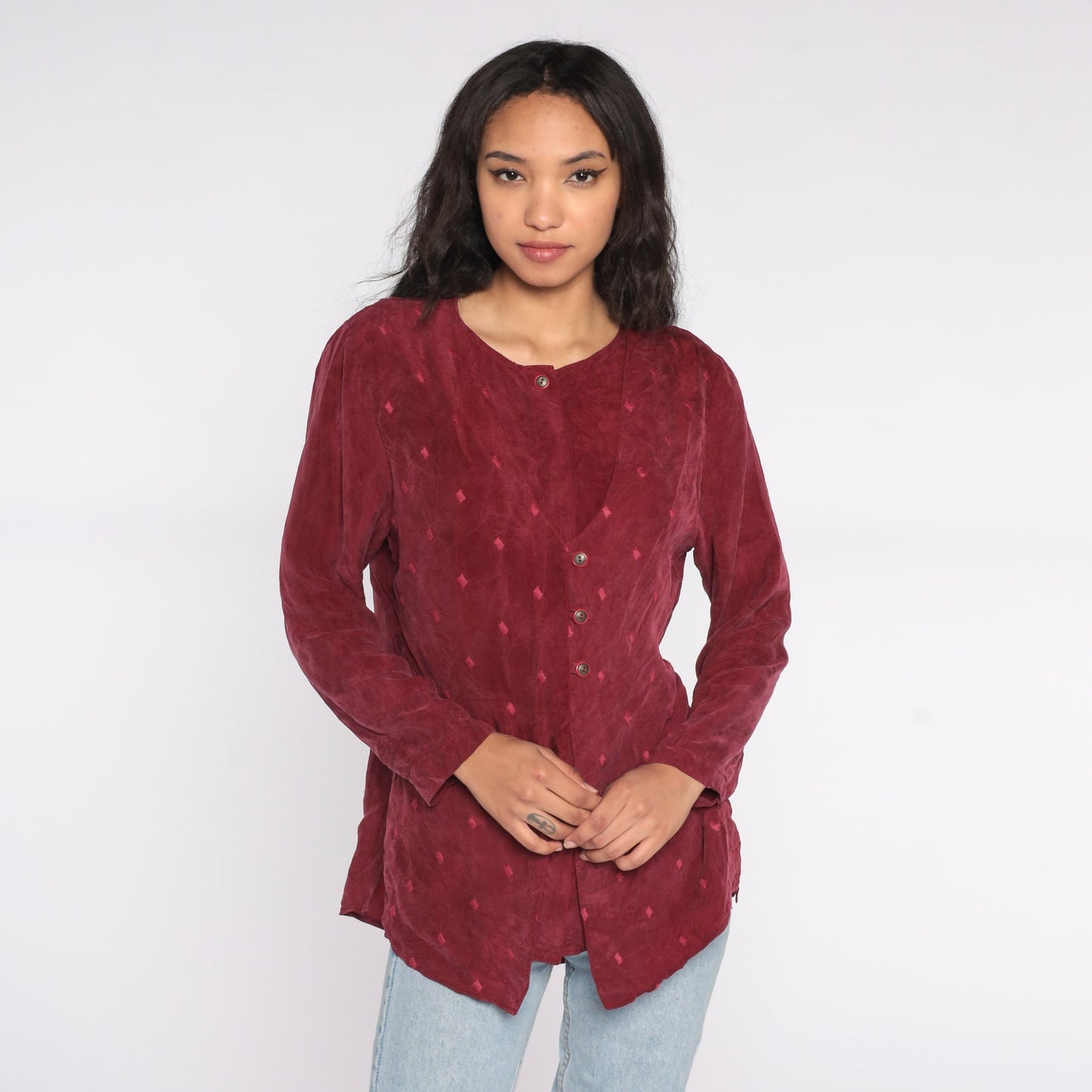 90s Burgundy Button Up Blouse with Attached Vest Rayon Medium