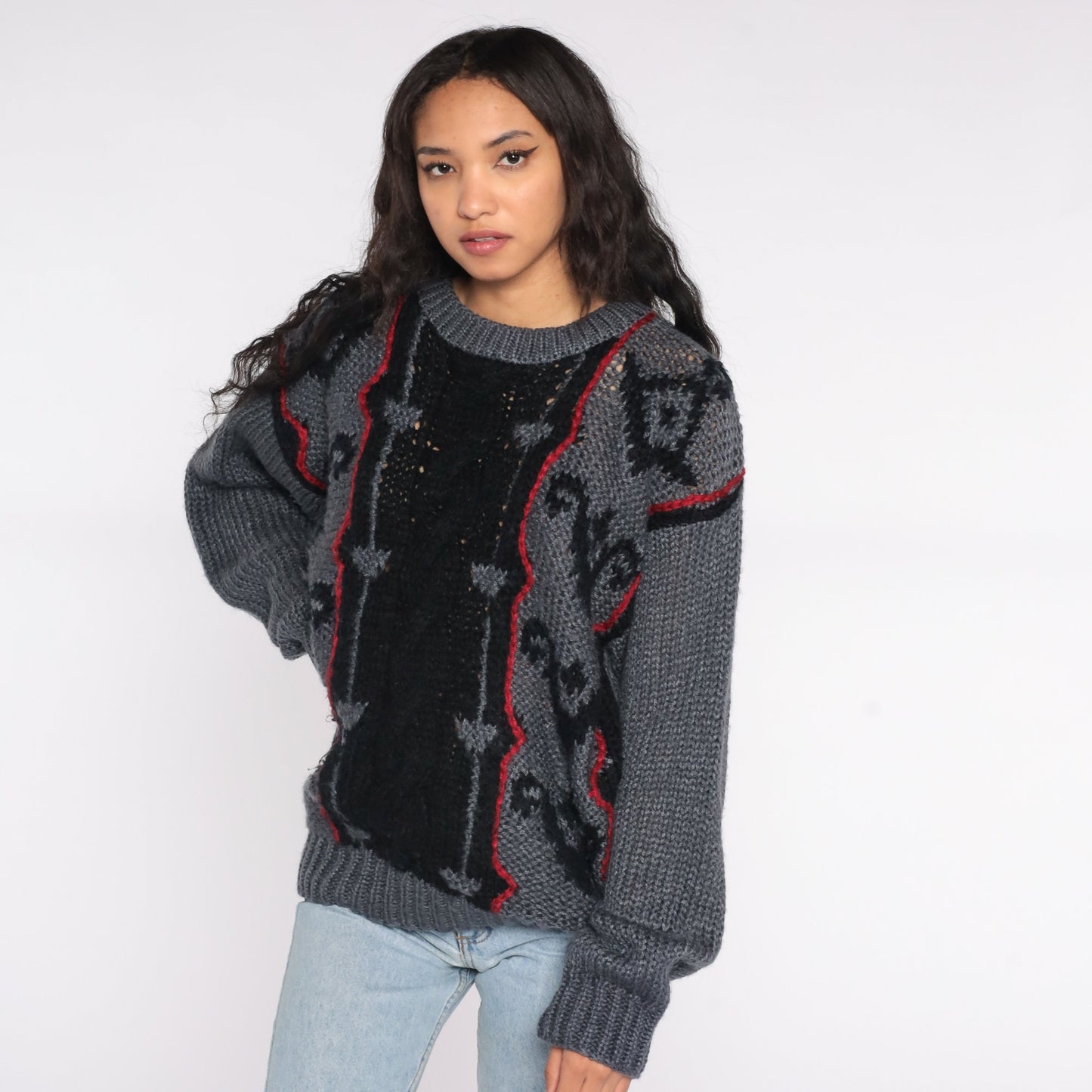 80s Geometric Abstract Sweater Grey Black Semi-Sheer Knit Pullover Extra Large