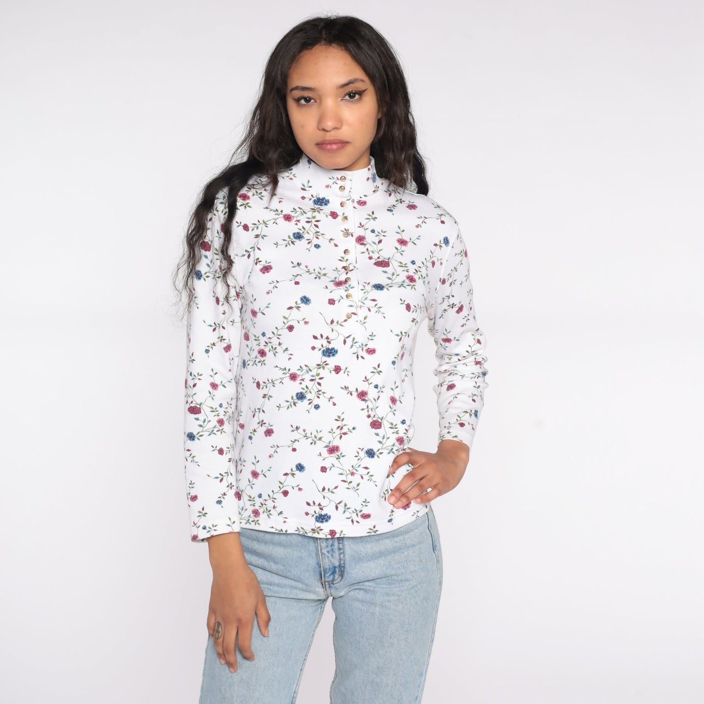 90s Floral Mock Neck Shirt White Long Sleeve Quarter Button Top Small