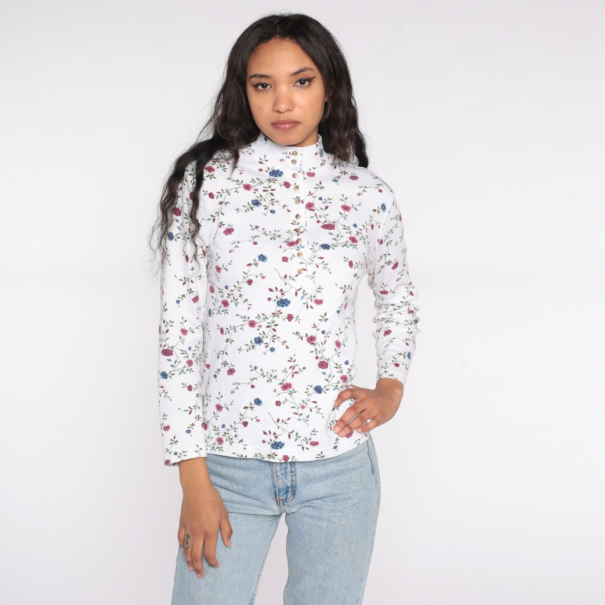 90s Floral Mock Neck Shirt White Long Sleeve Quarter Button Top Small