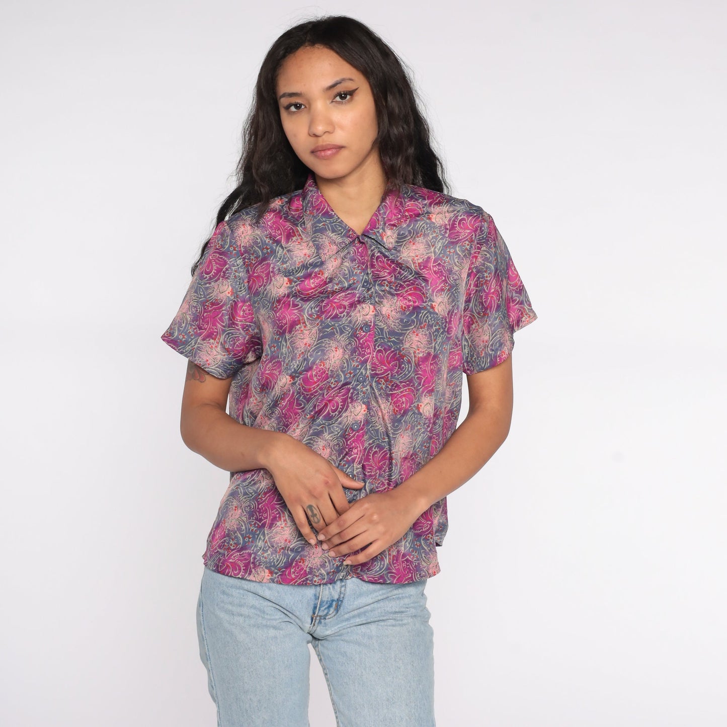 80s Abstract Print Button Up Shirt Purple Pink Psychedelic Short Sleeve Large