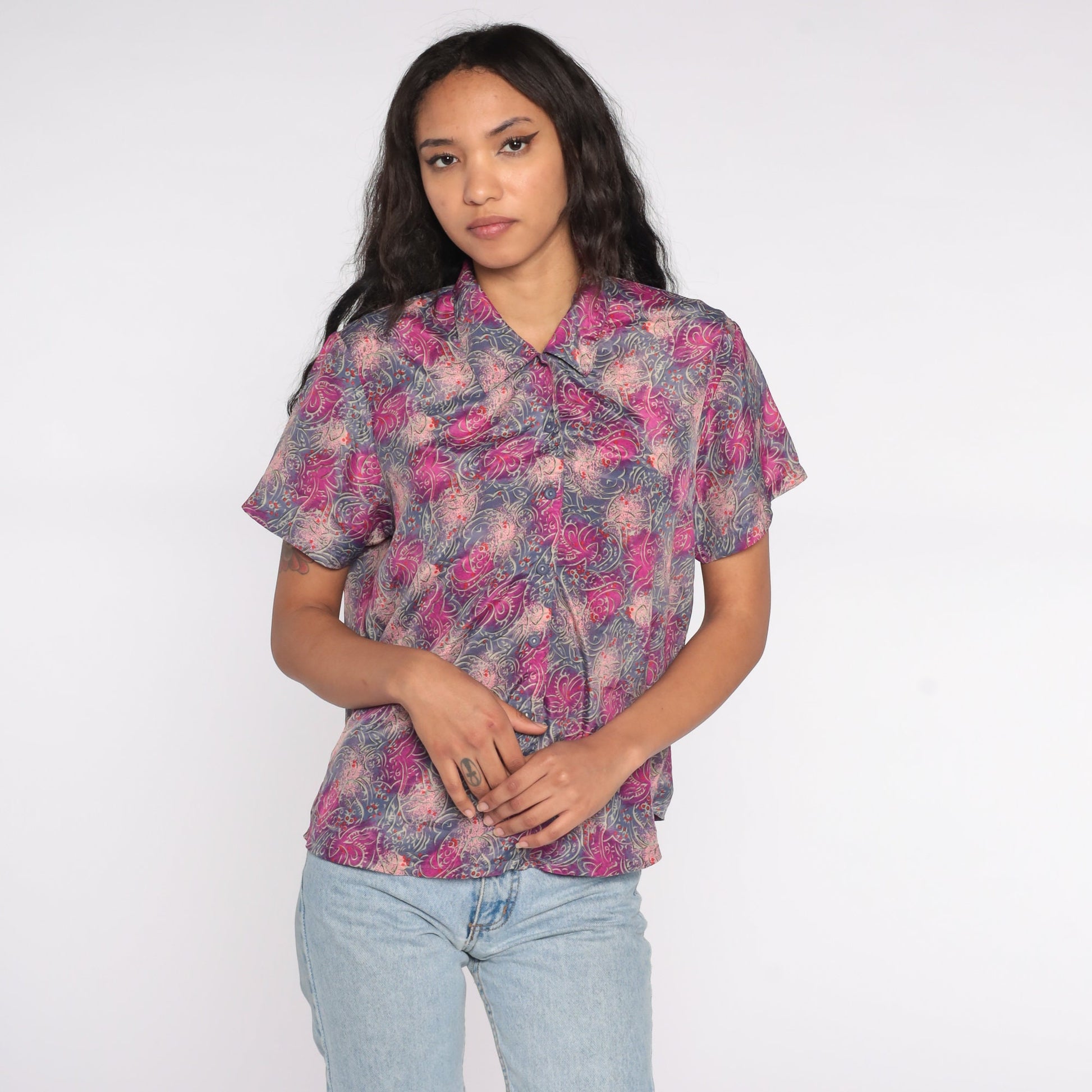 80s Abstract Print Button Up Shirt Purple Pink Psychedelic Short Sleeve Large
