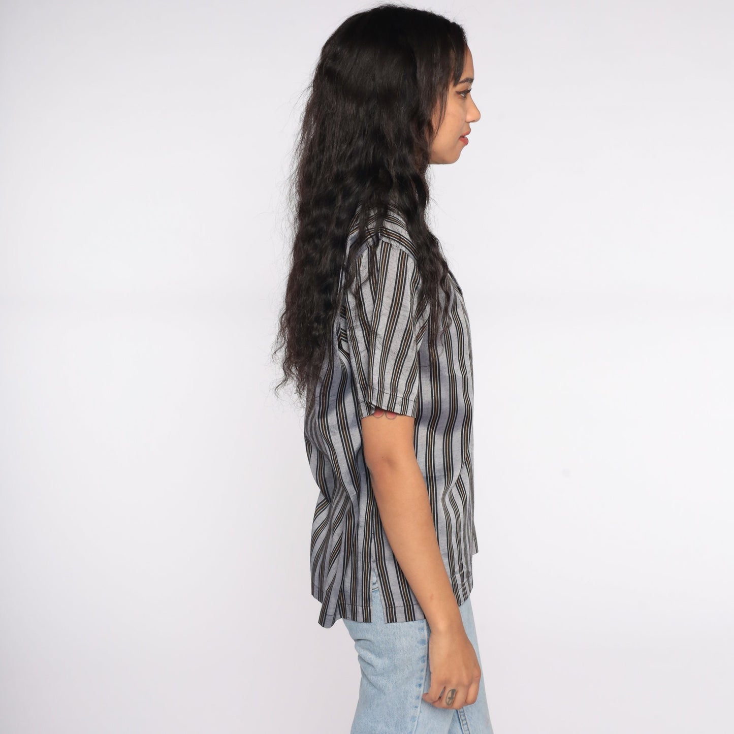 90s Striped Polo Shirt Embroidered G Crest Grey Black Gold Large
