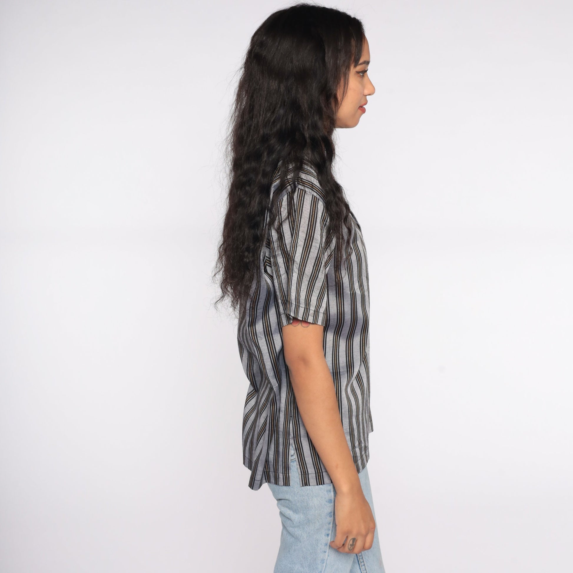 90s Striped Polo Shirt Embroidered G Crest Grey Black Gold Large